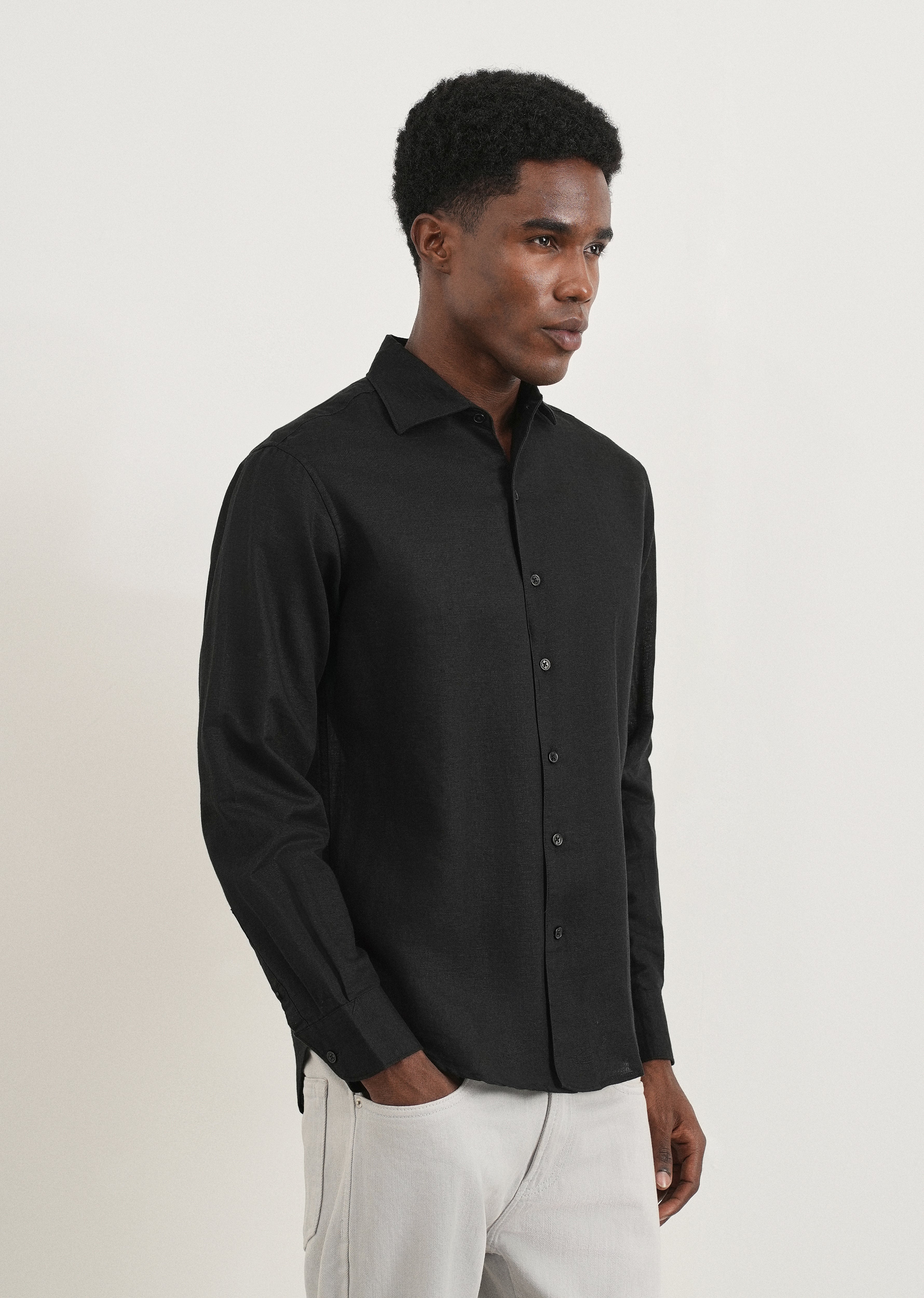 Black Plain Cotton Linen Shirt