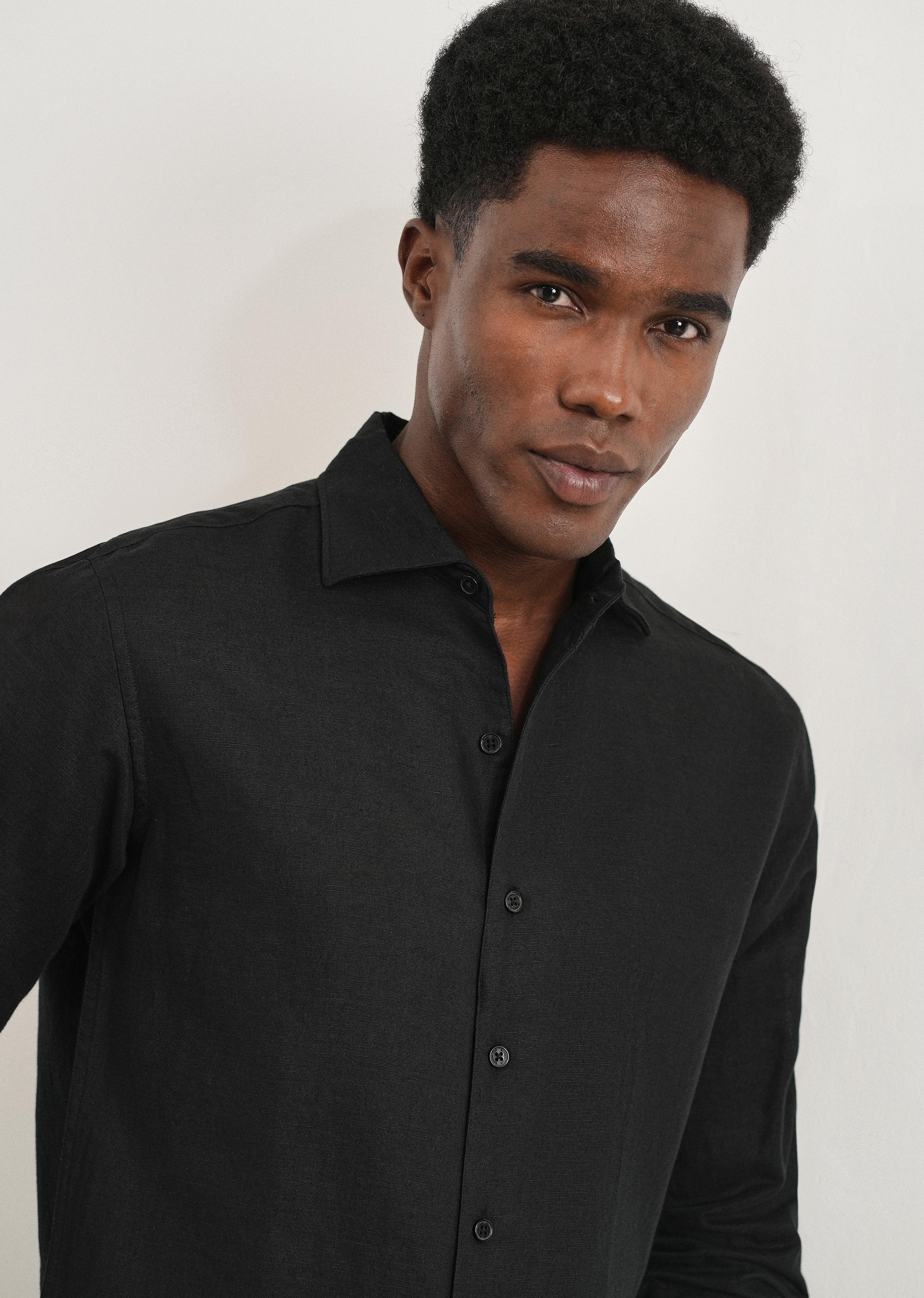 Black Plain Cotton Linen Shirt