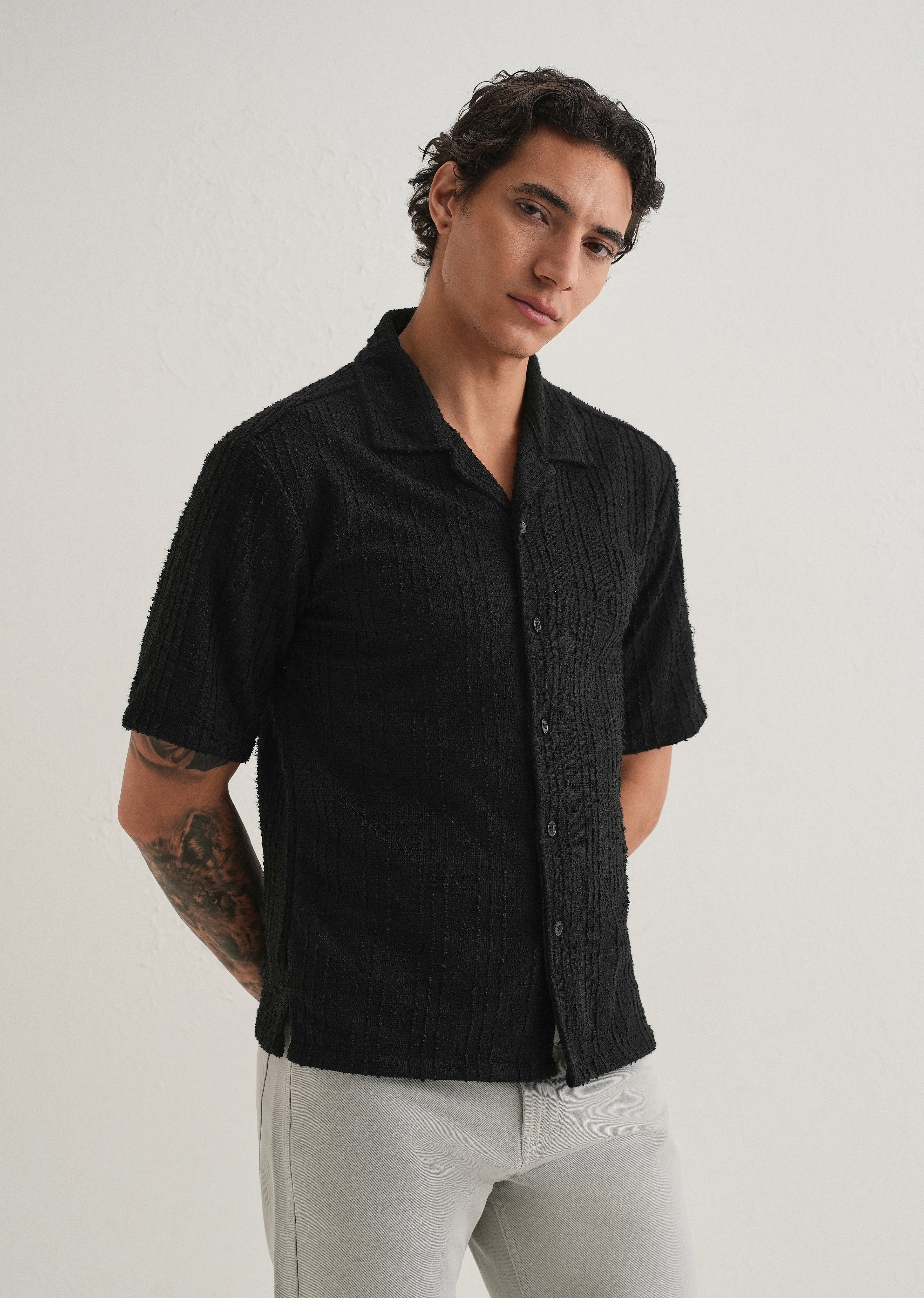 Black Plain Cuban Collar Knitted Shirt