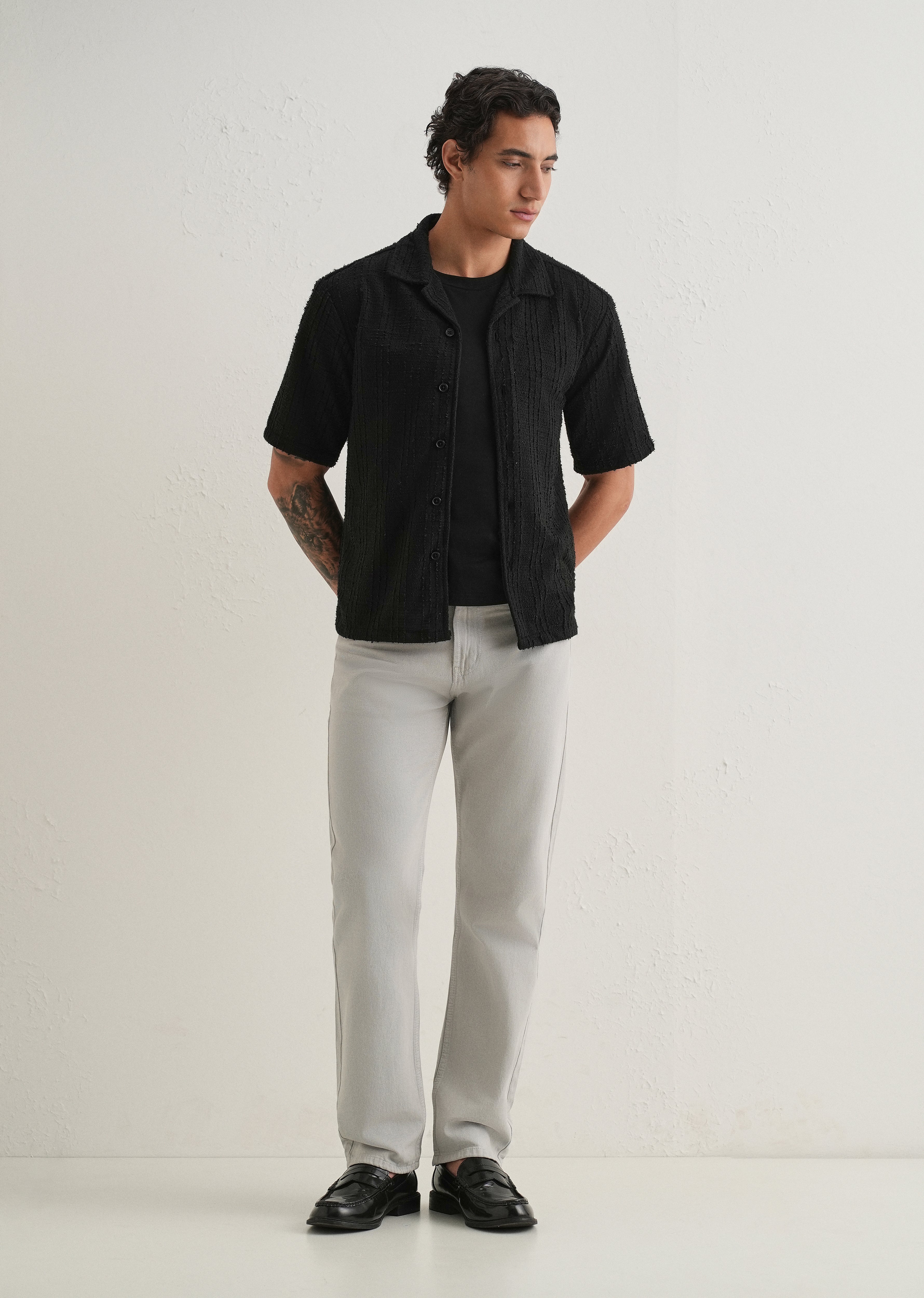 Black Plain Cuban Collar Knitted Shirt