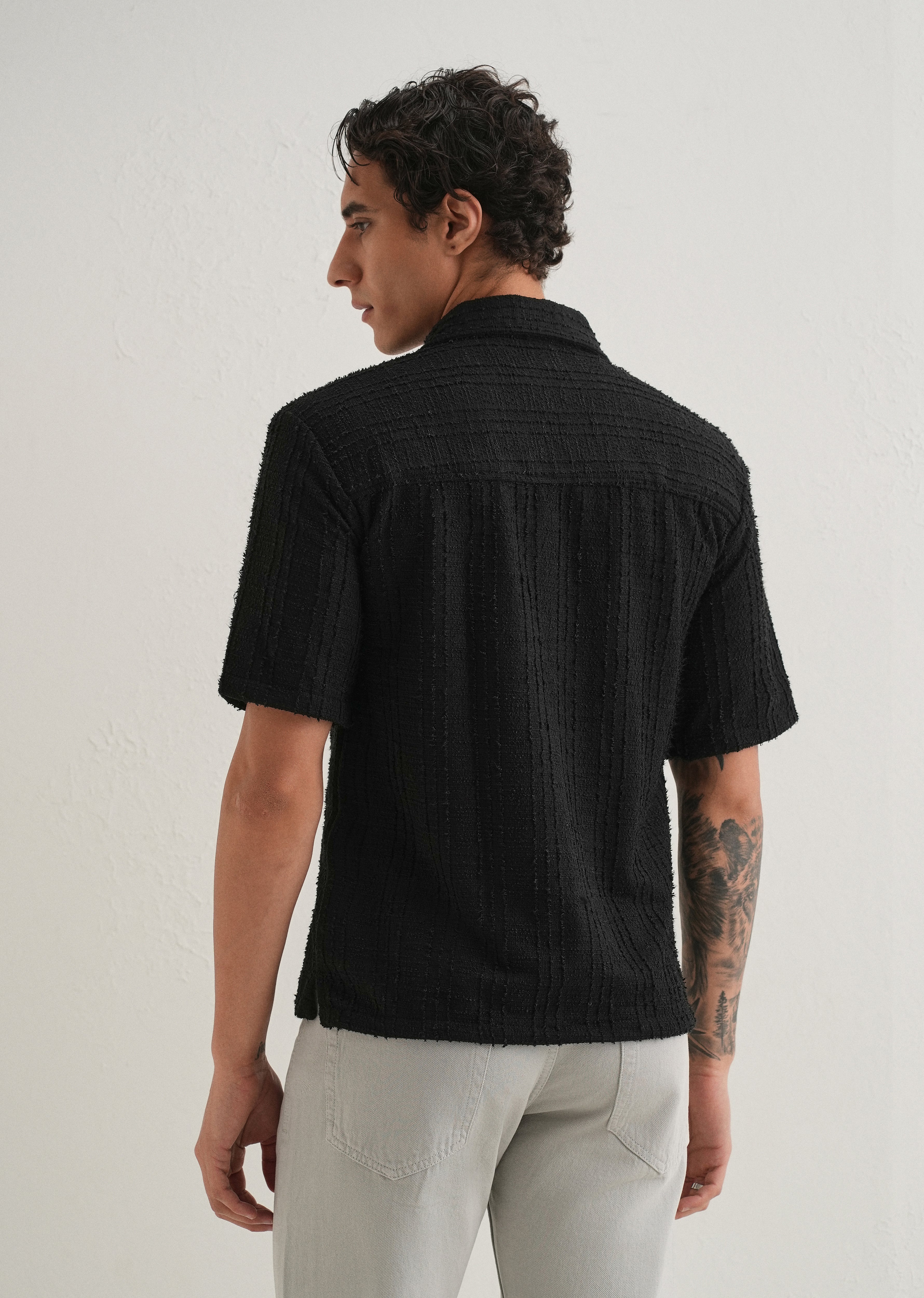 Black Plain Cuban Collar Knitted Shirt
