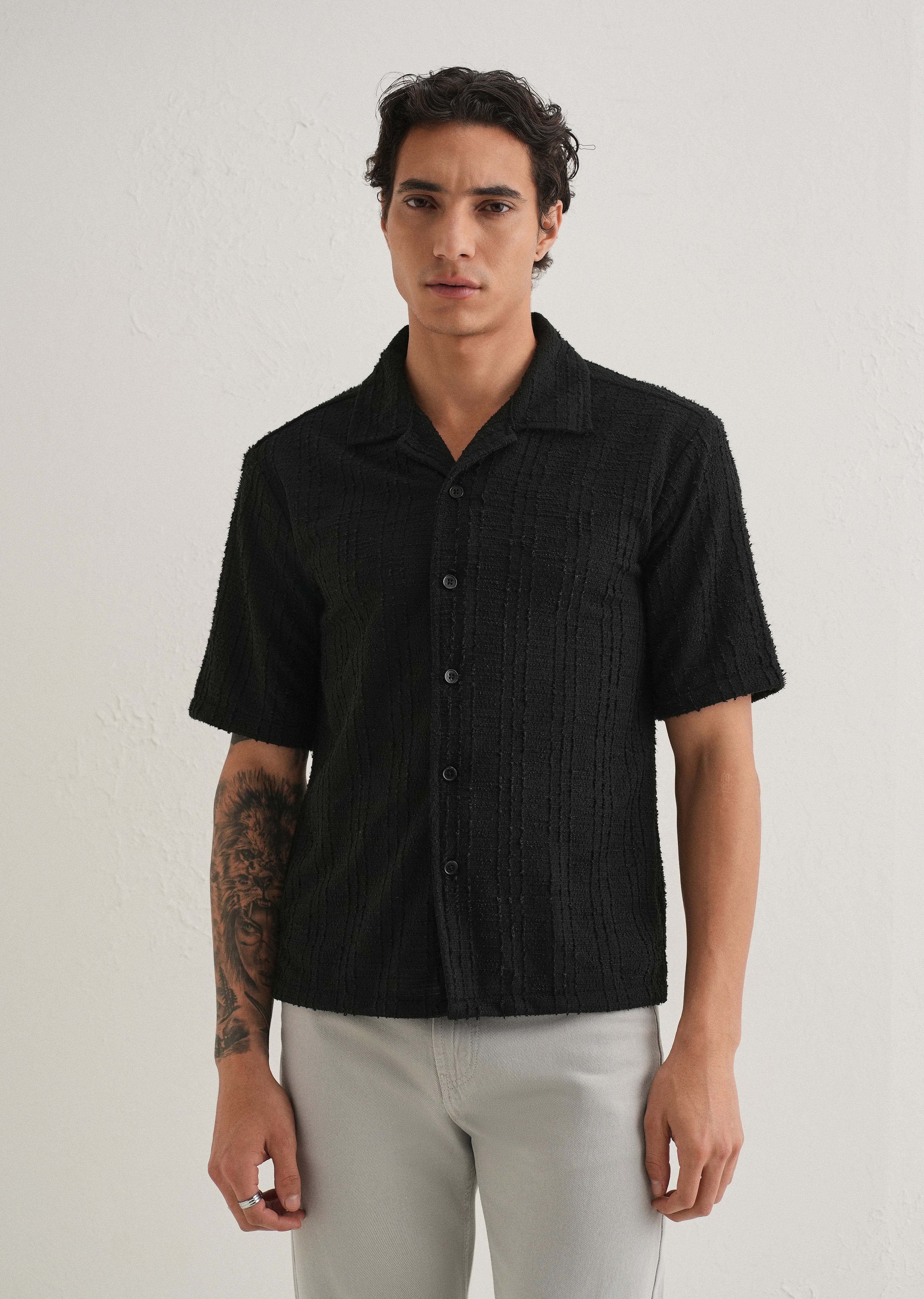 Black Plain Cuban Collar Knitted Shirt