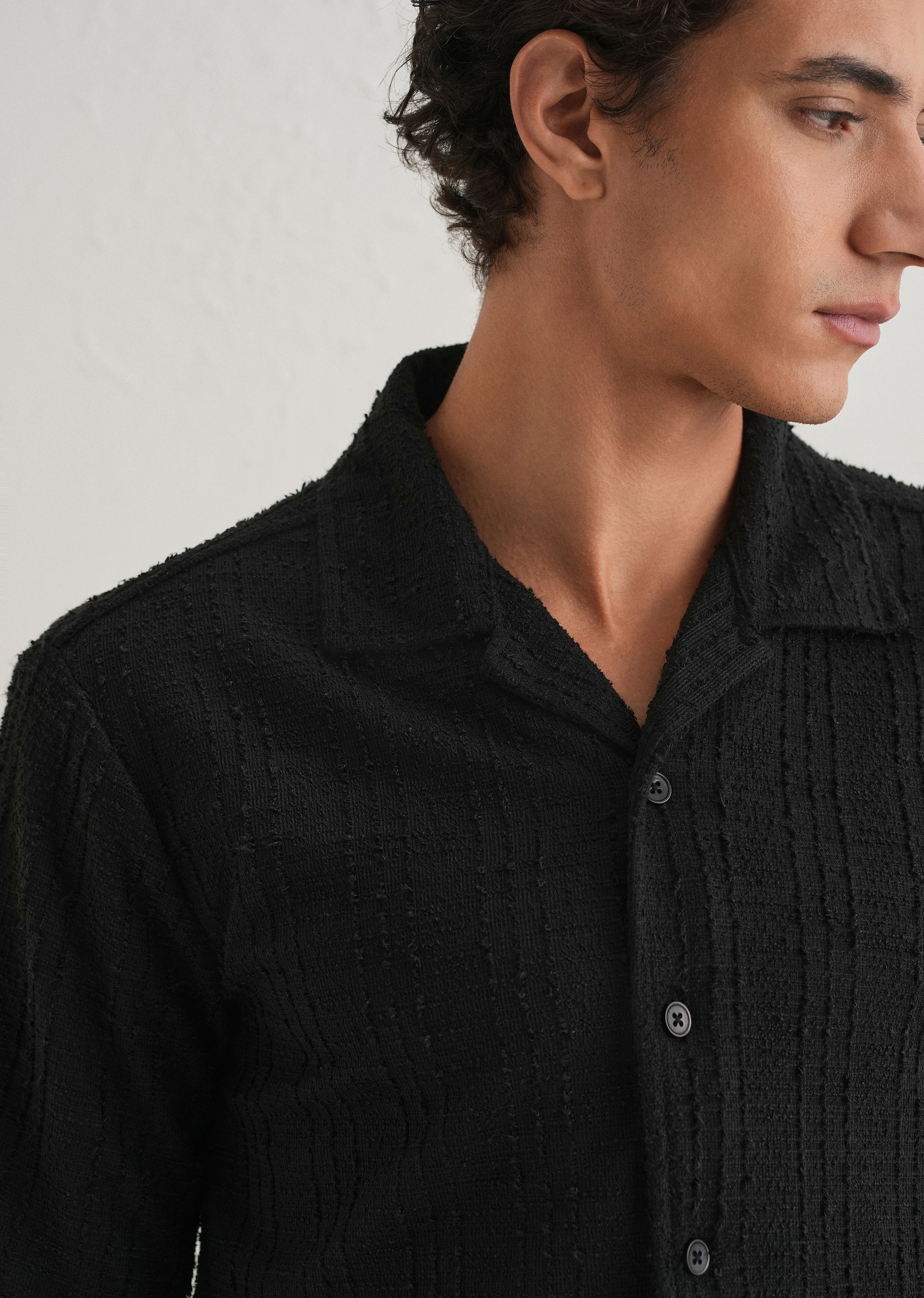 Black Plain Cuban Collar Knitted Shirt