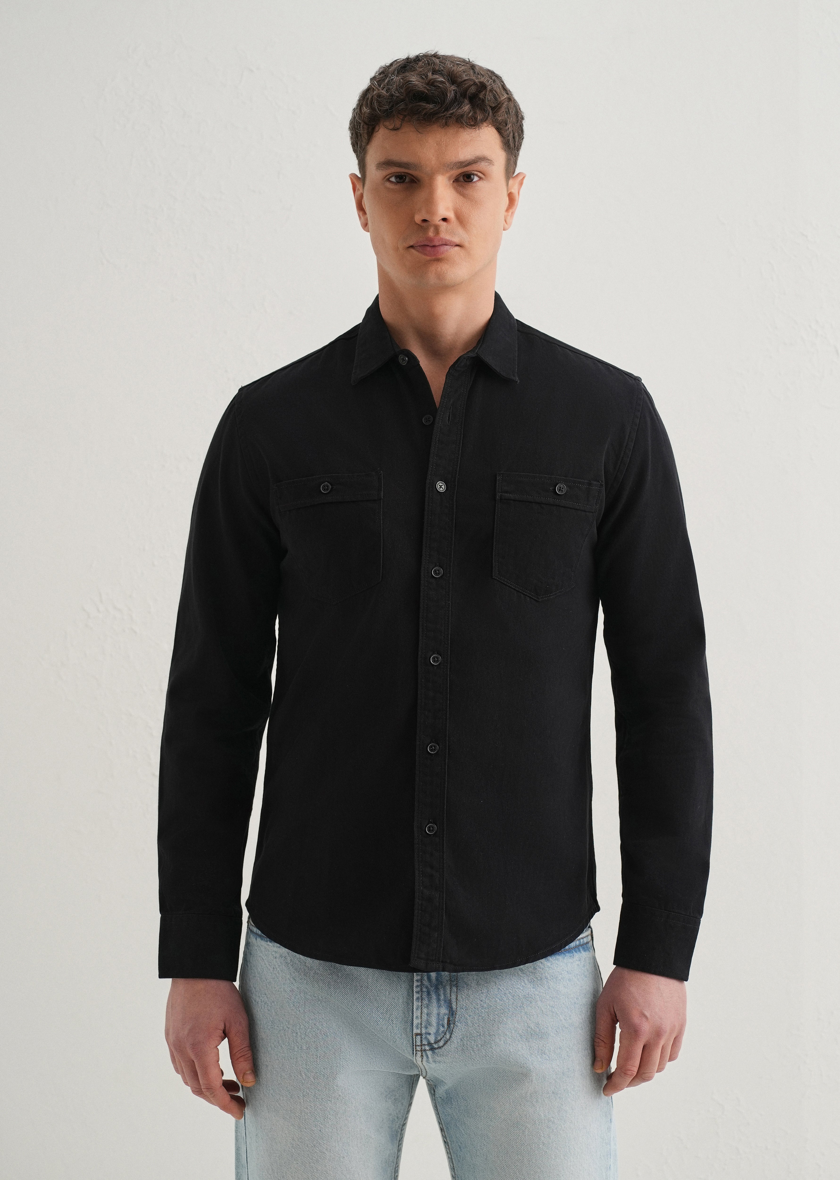 Black Plain Double Pocket Shirt