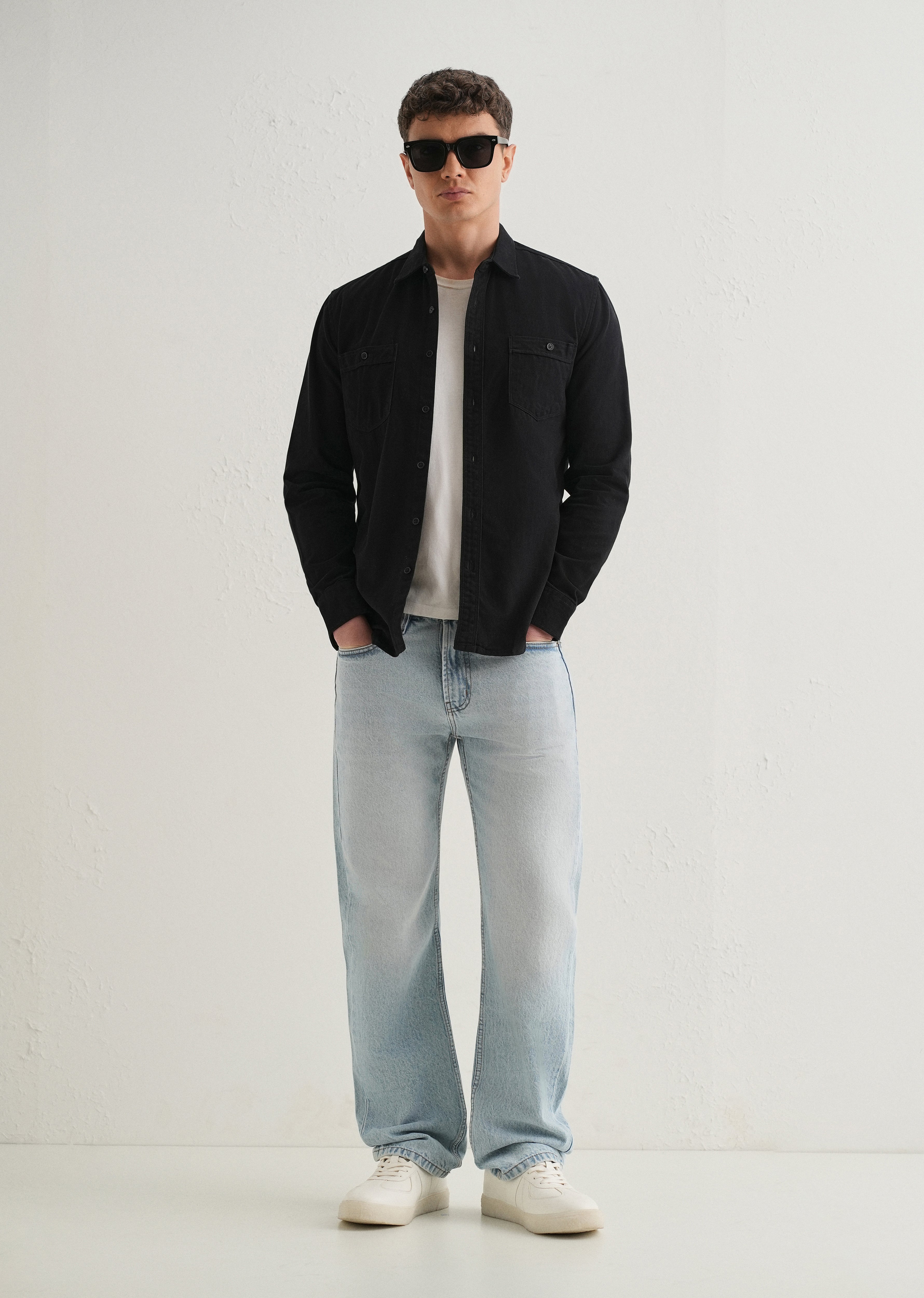 Black Plain Double Pocket Shirt