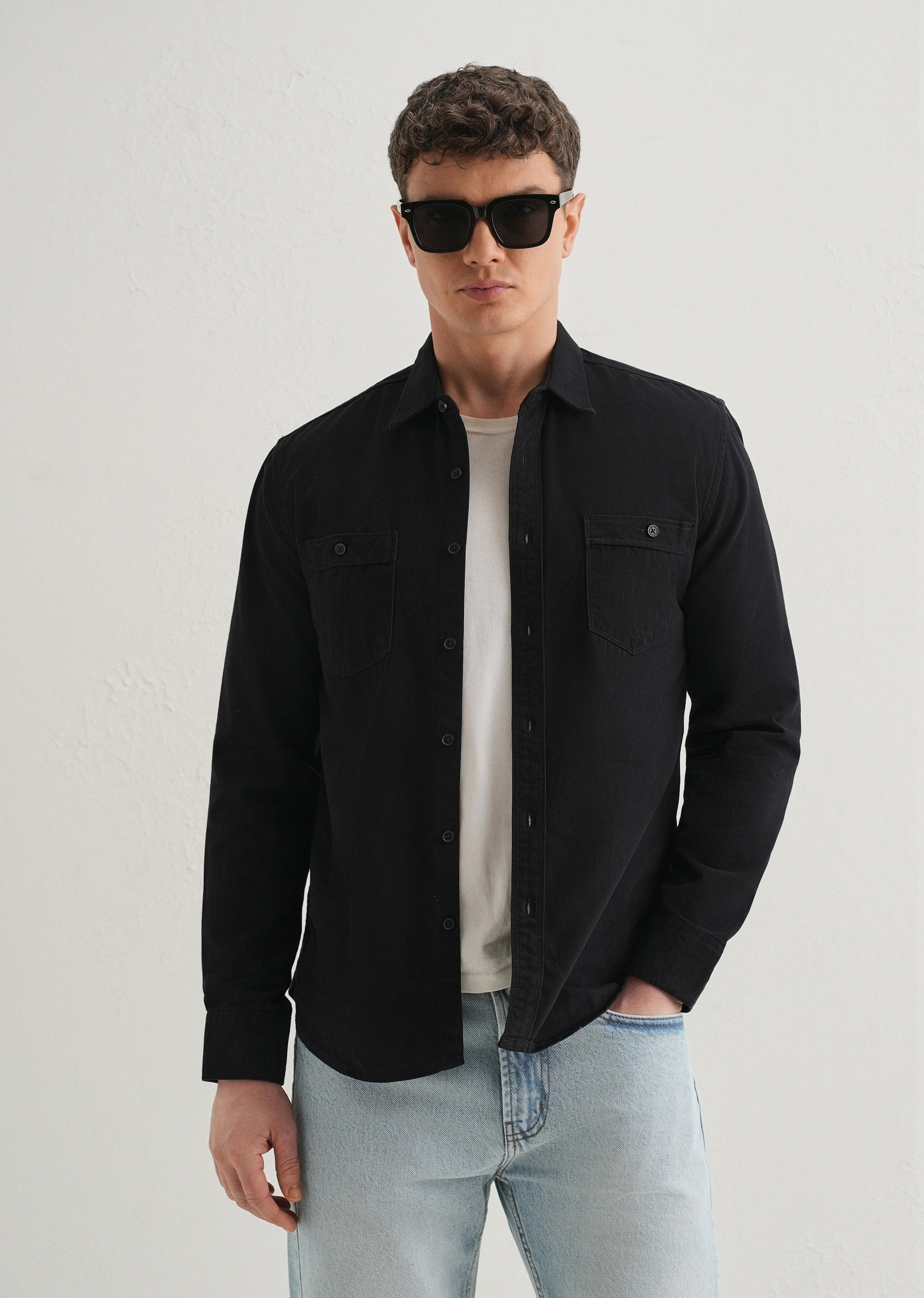 Black Plain Double Pocket Shirt