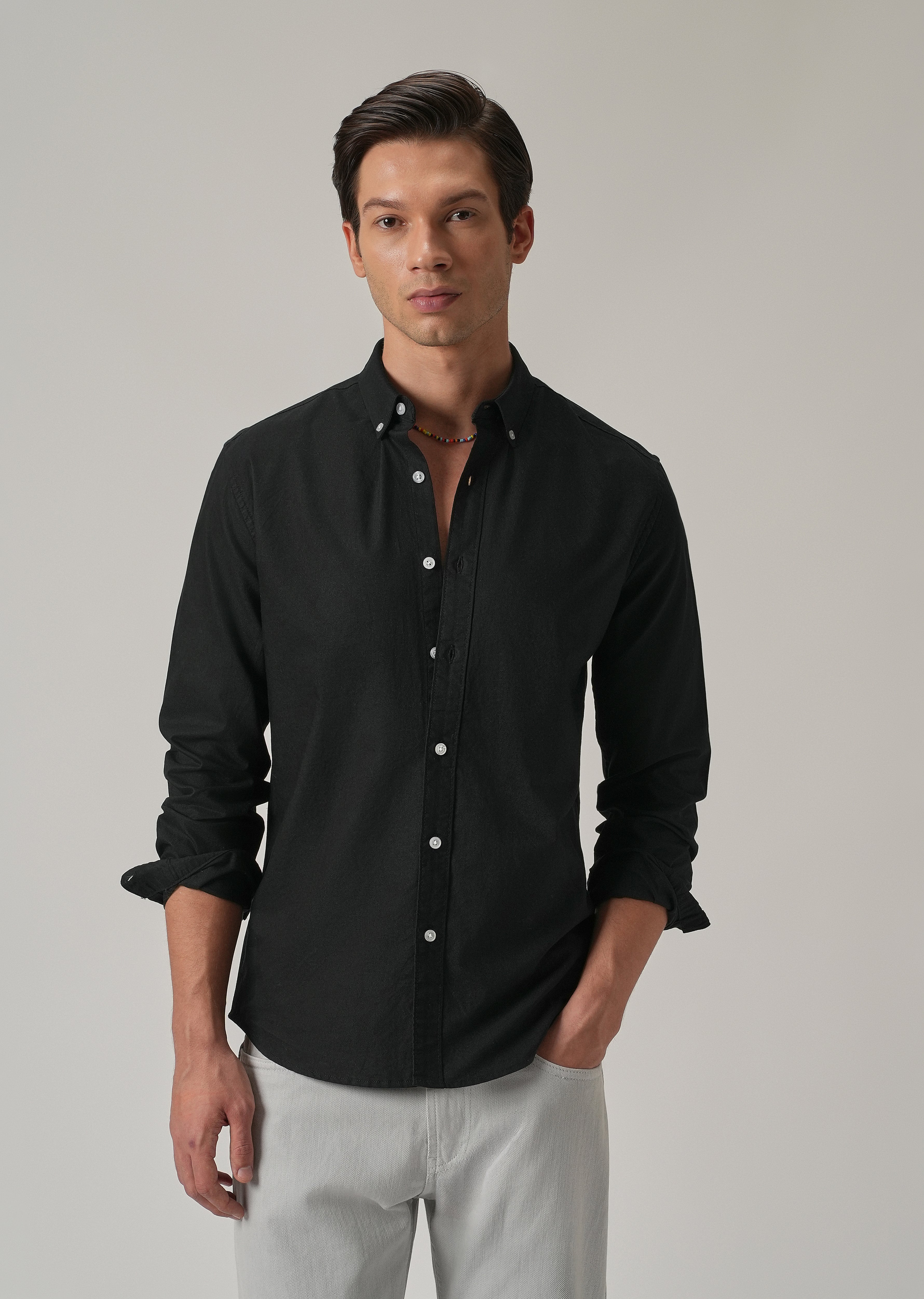 Black Plain Elbow Patch Oxford Shirt