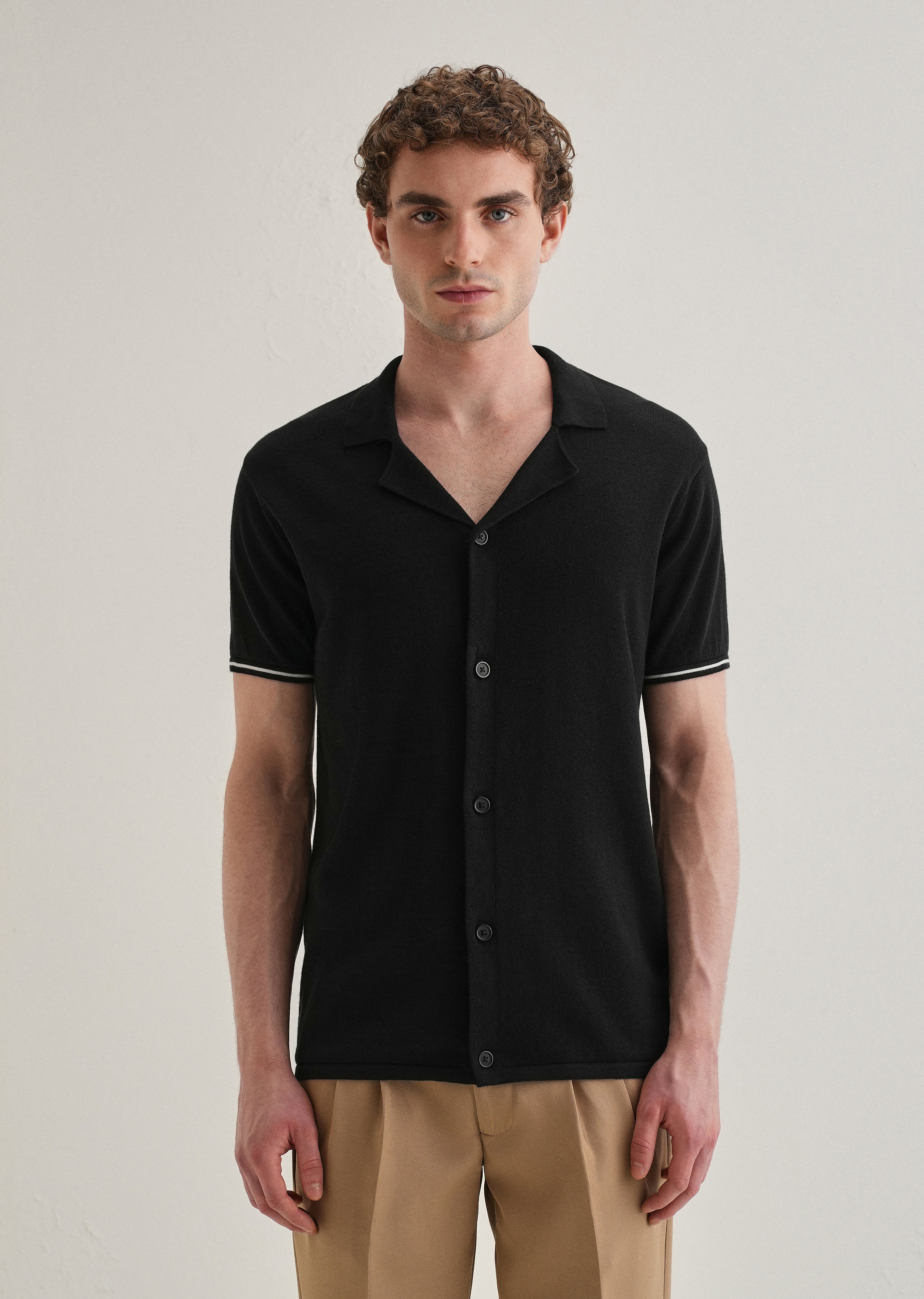 Black Plain Knit Cuban Collar Shirt