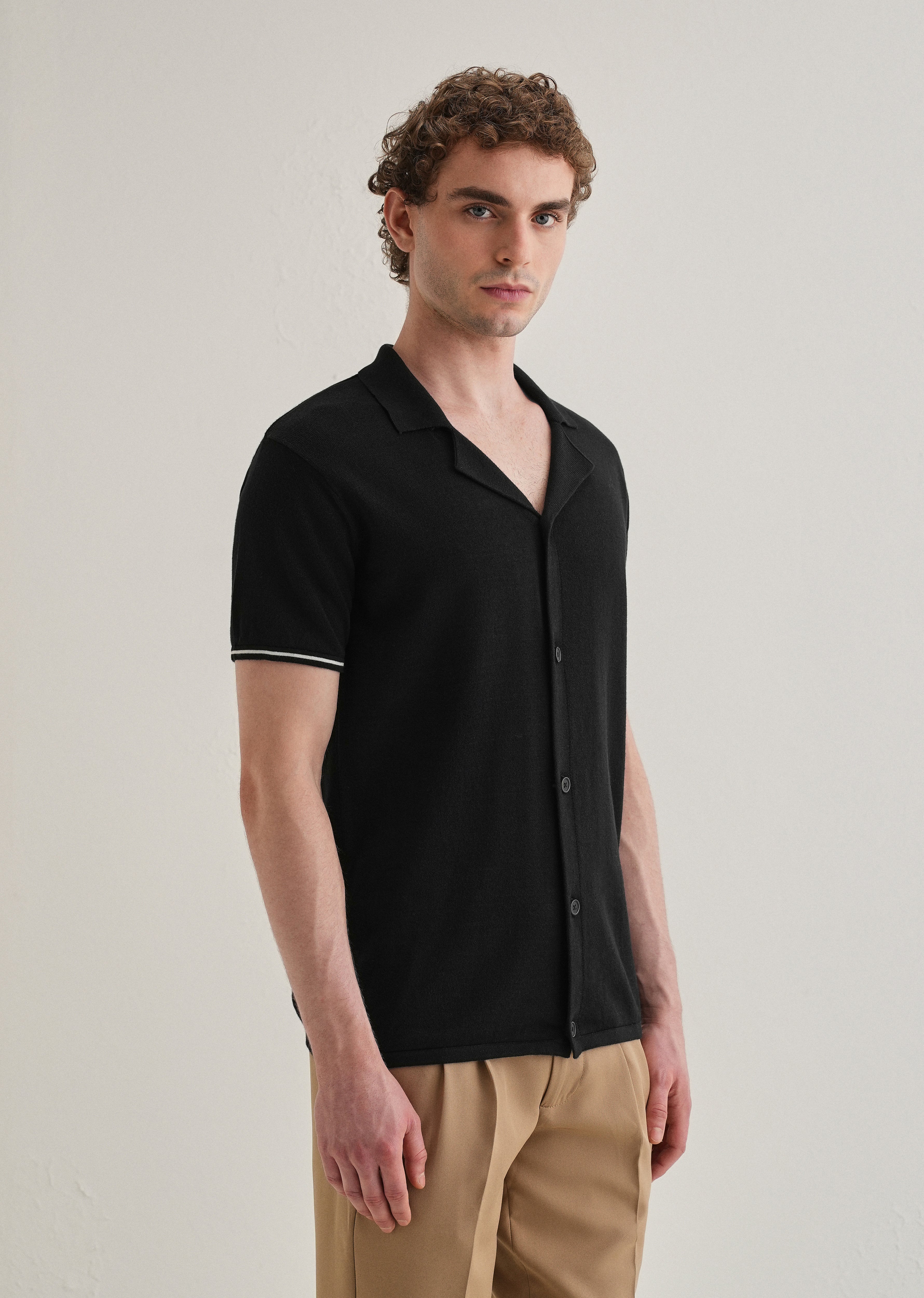 Black Plain Knit Cuban Collar Shirt
