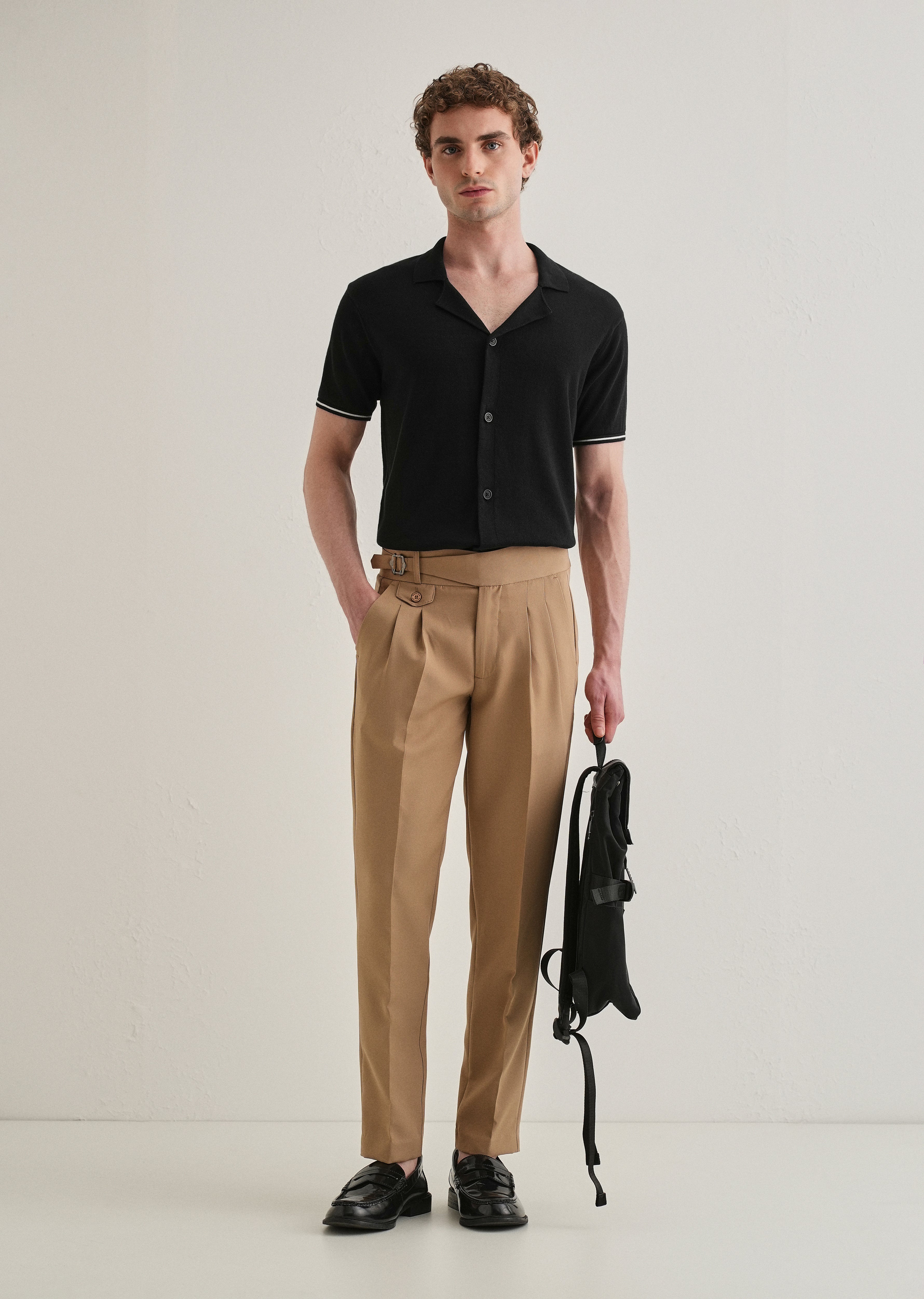 Black Plain Knit Cuban Collar Shirt