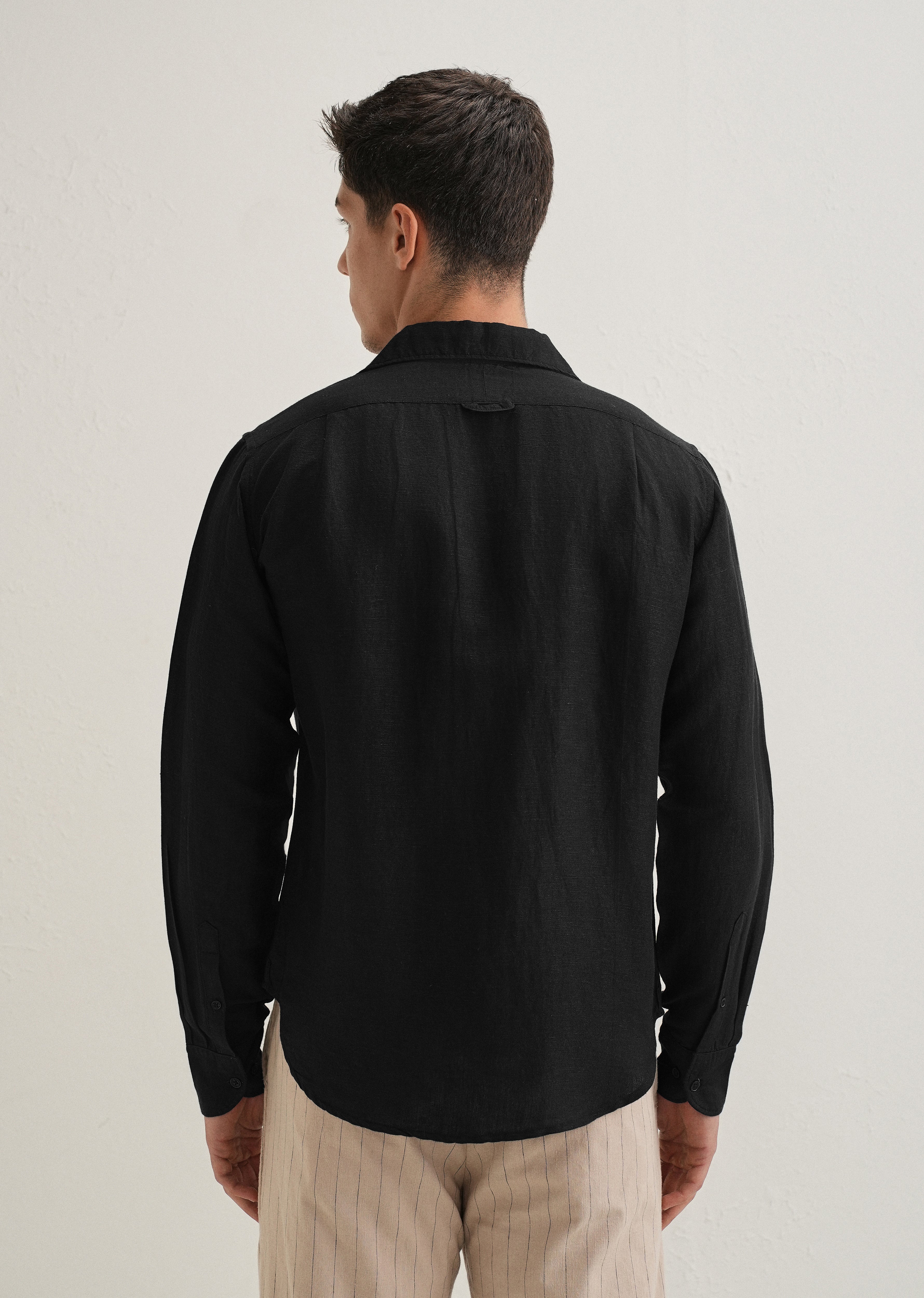 Black Plain Linen Blend Shirt