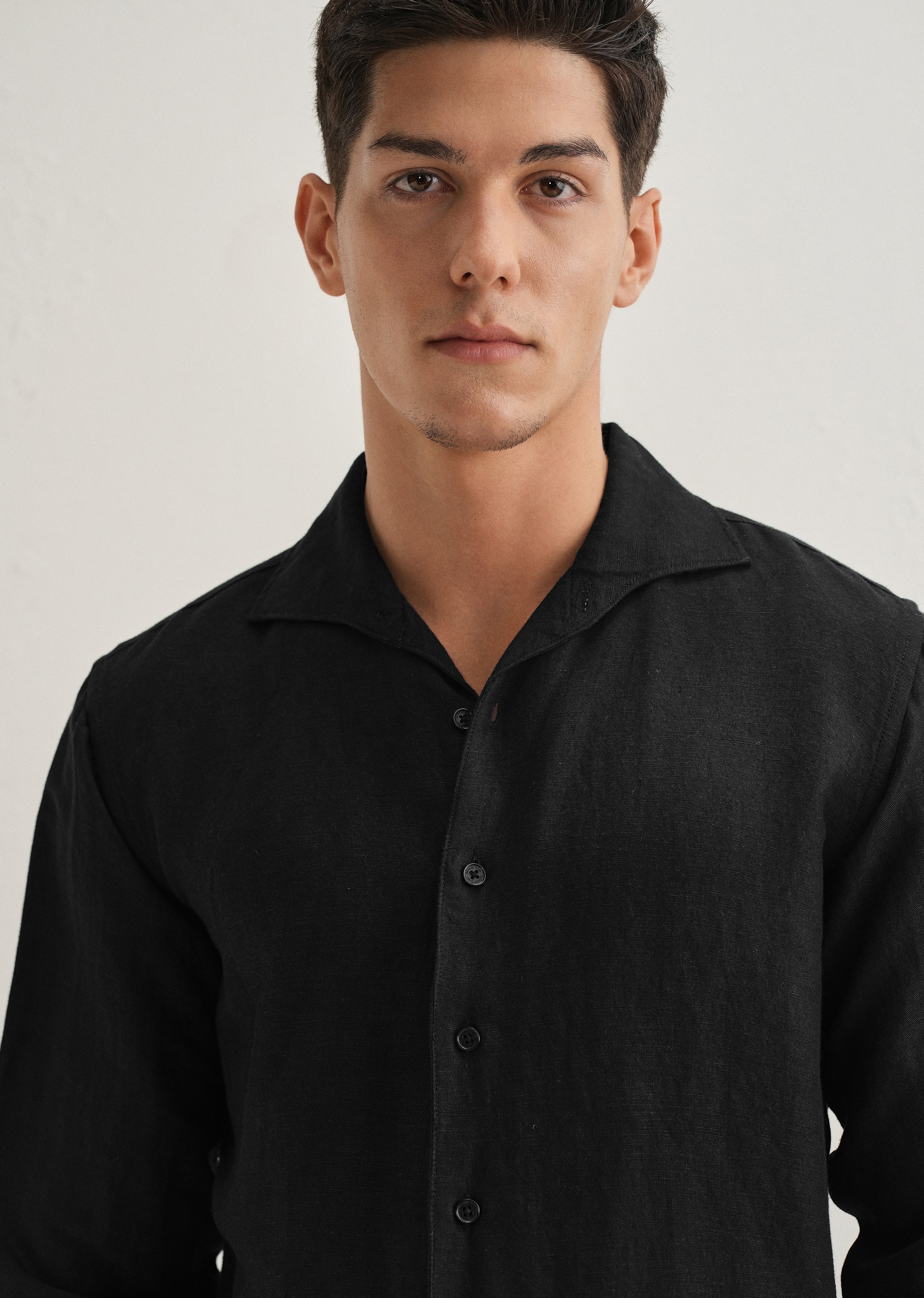 Black Plain Linen Blend Shirt