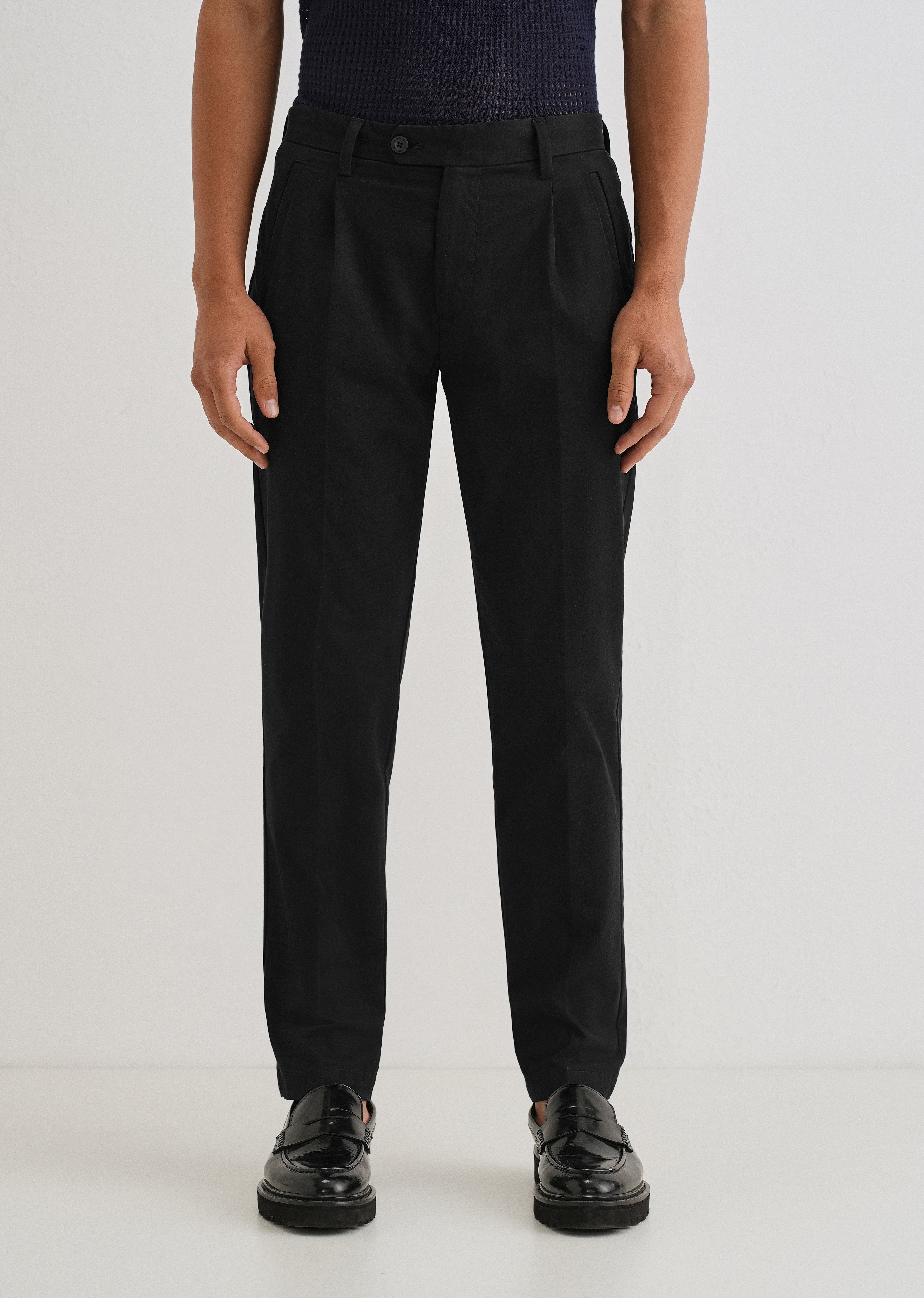 Black Plain Pleated Chinos