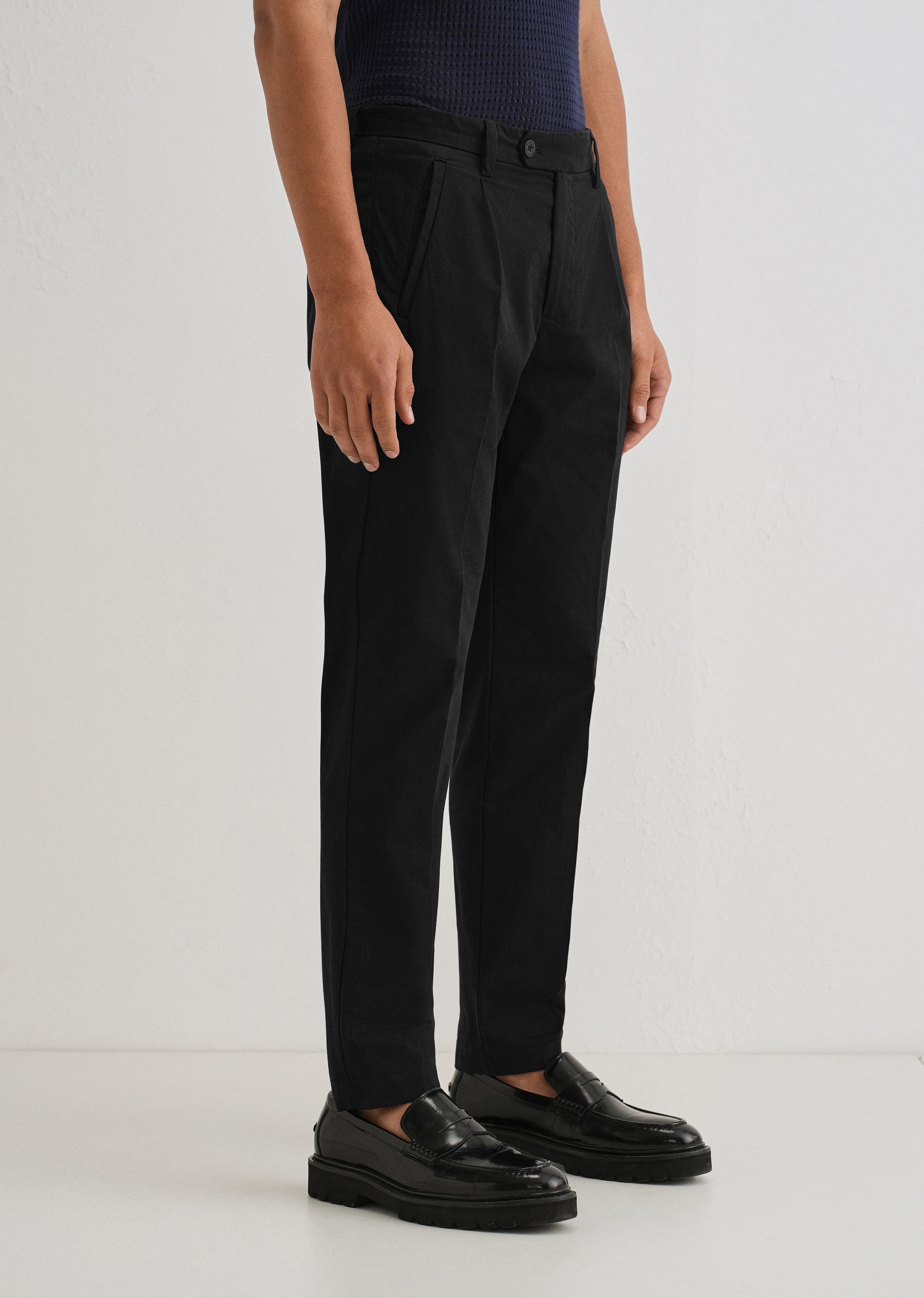 Black Plain Pleated Chinos