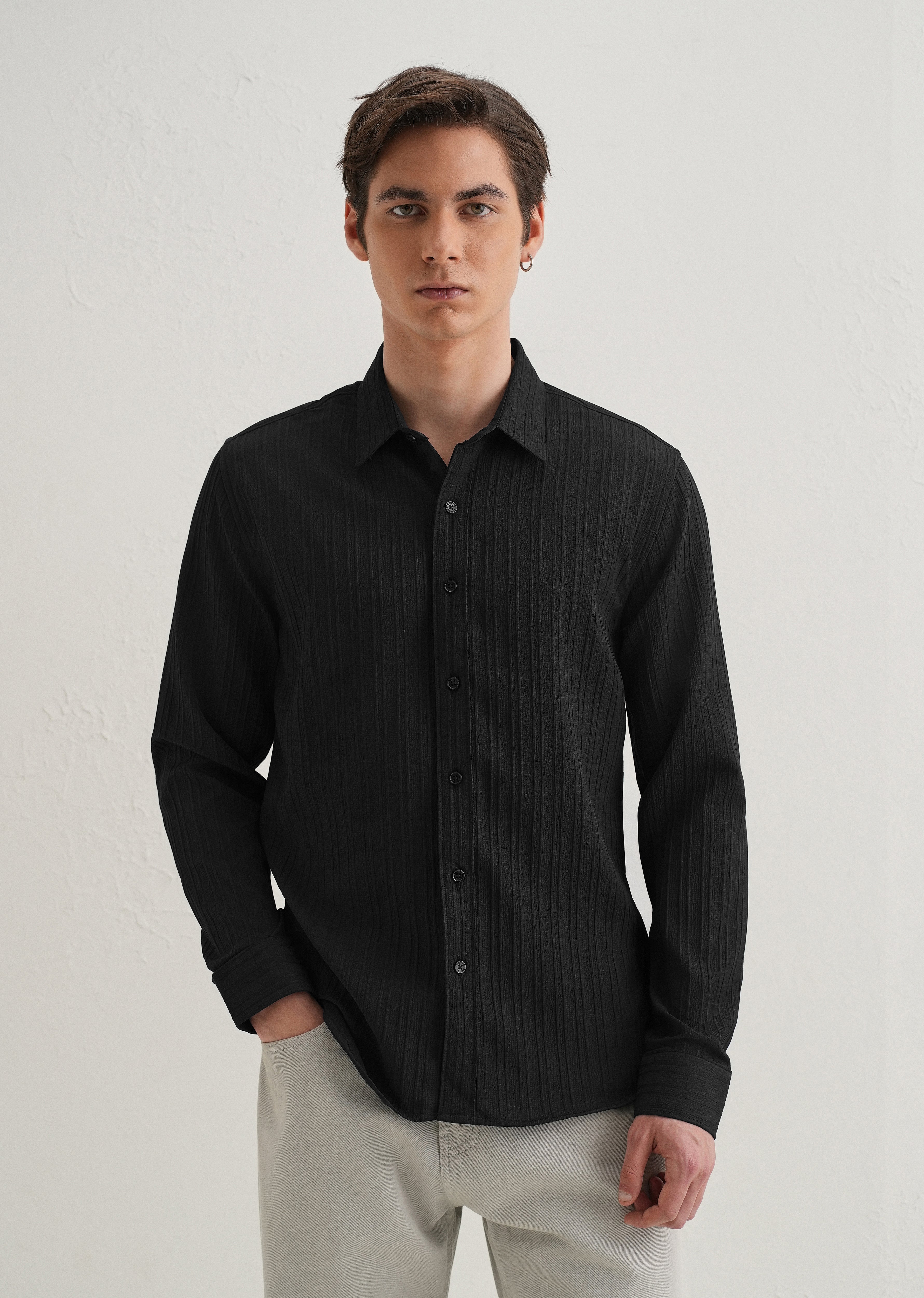 Black Plain Self Striped Shirt