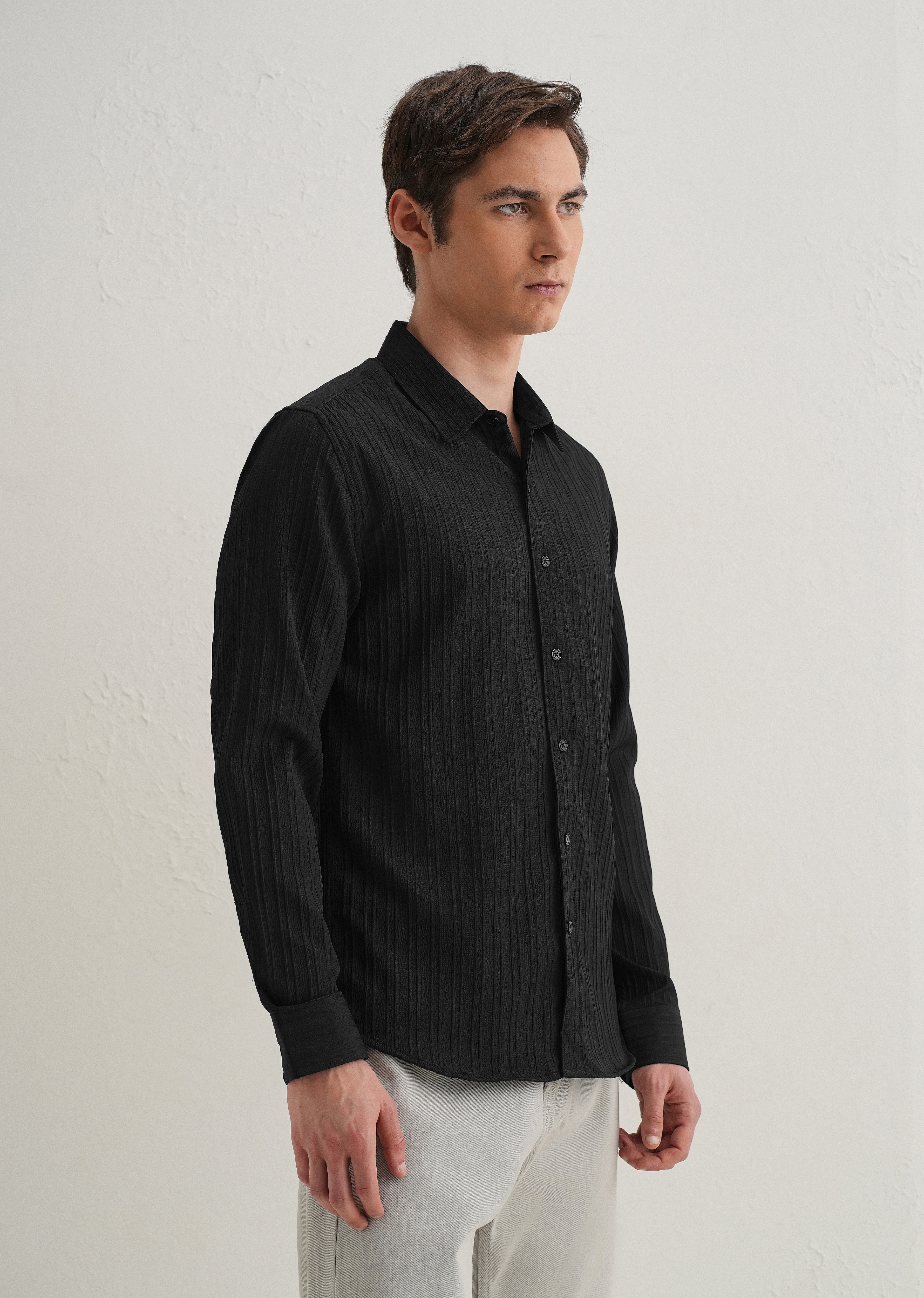 Black Plain Self Striped Shirt