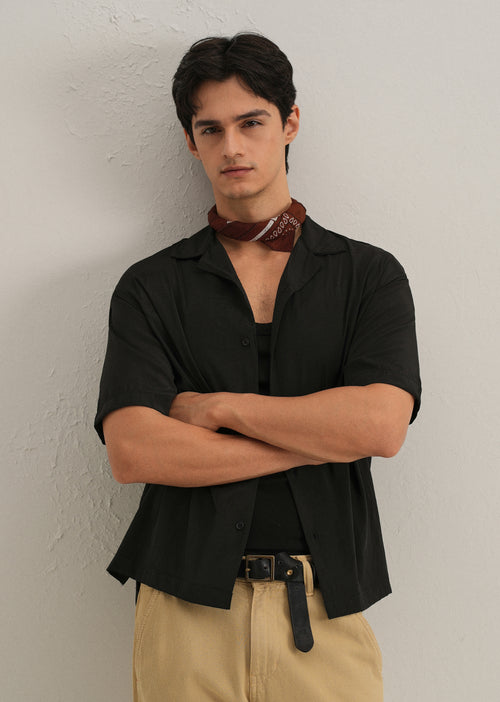 Black Plain Sheen Cuban Collar Shirt