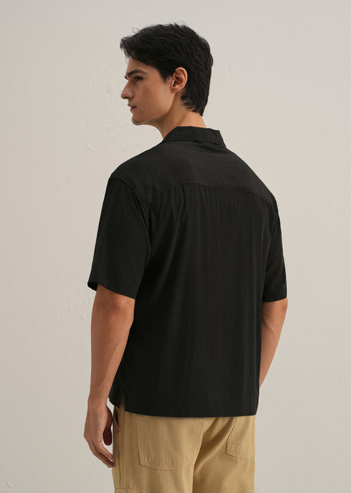 Black Plain Sheen Cuban Collar Shirt