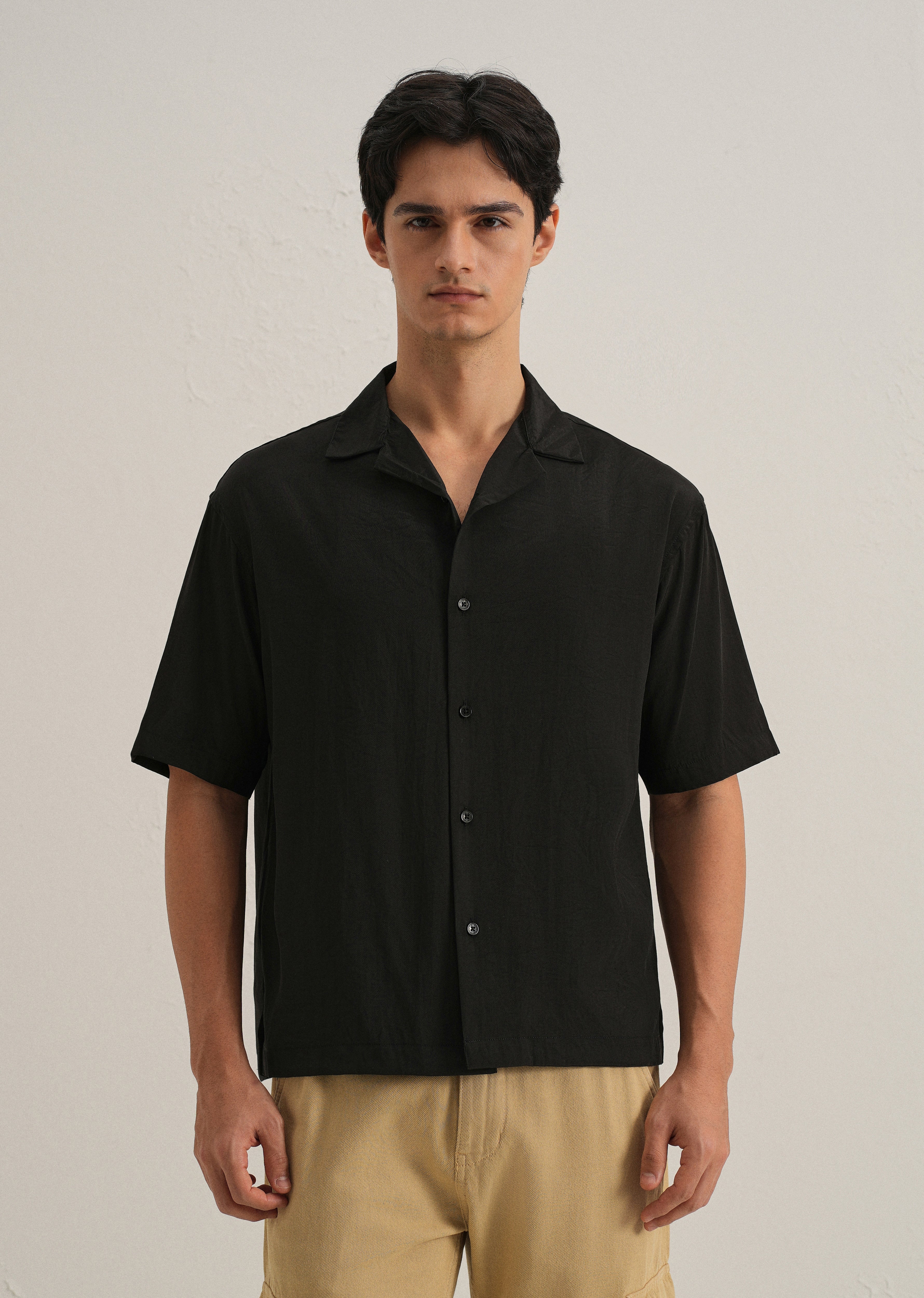 Black Plain Sheen Cuban Collar Shirt