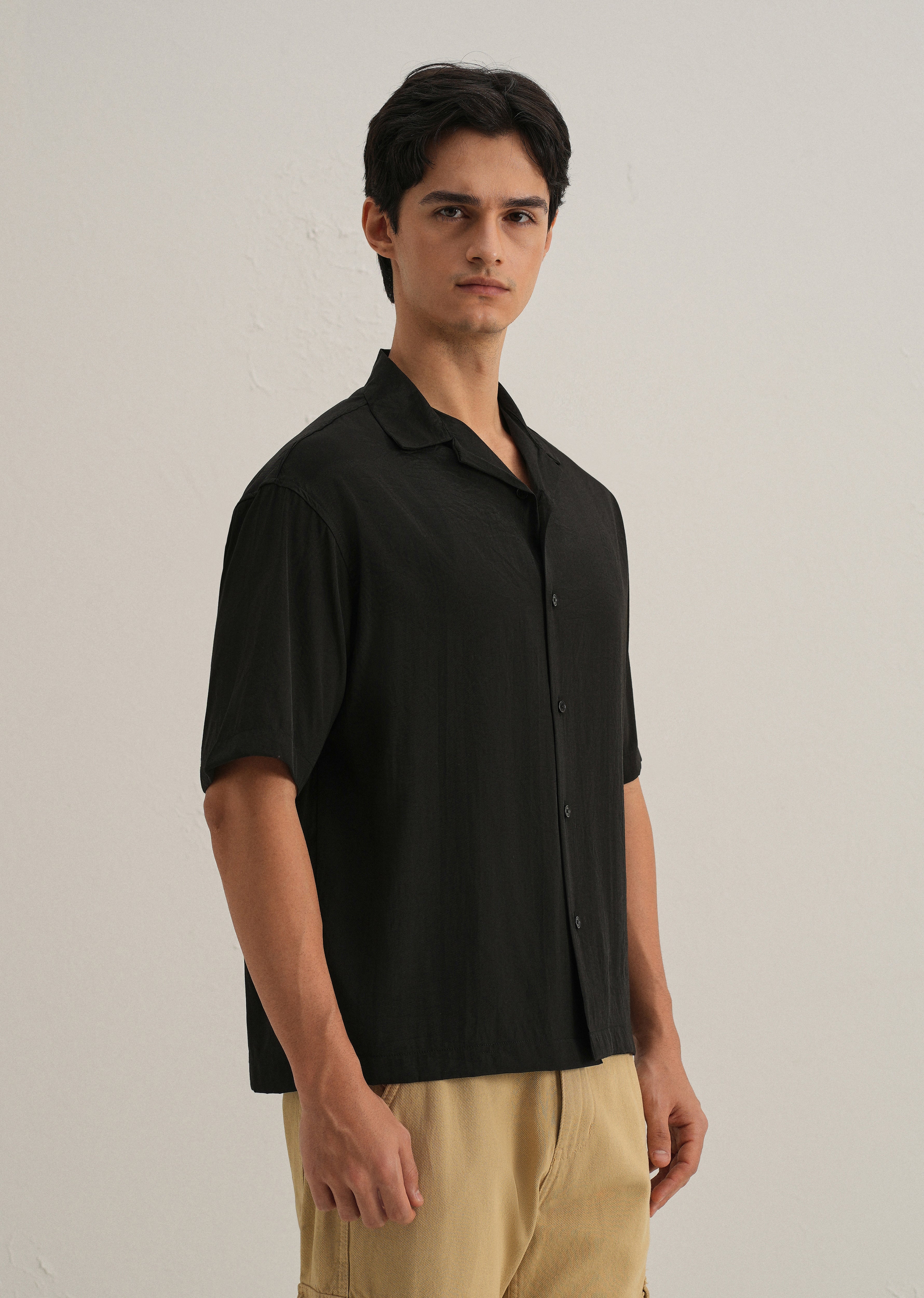 Black Plain Sheen Cuban Collar Shirt