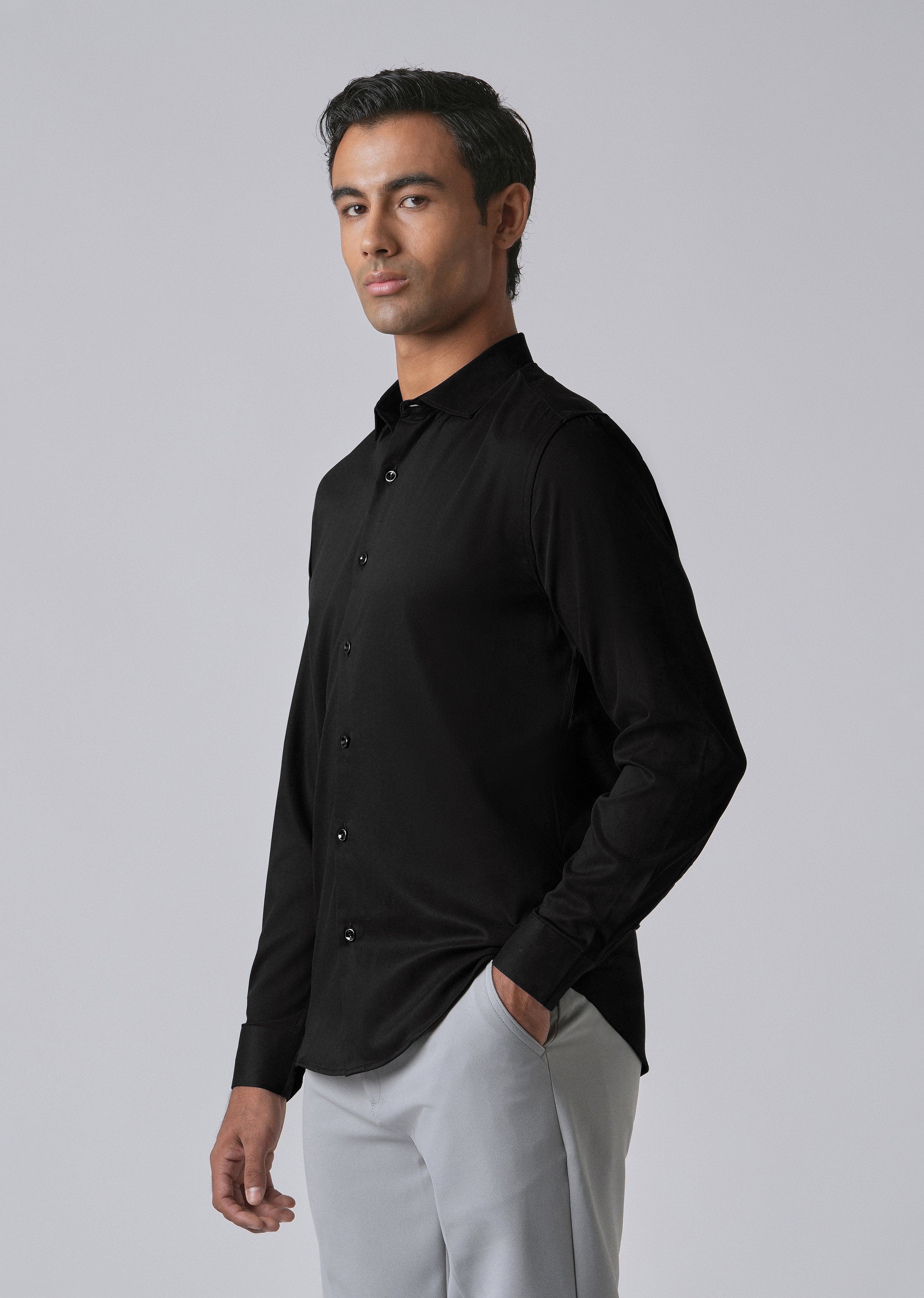 Black Cotton Stretch Plain Shirt