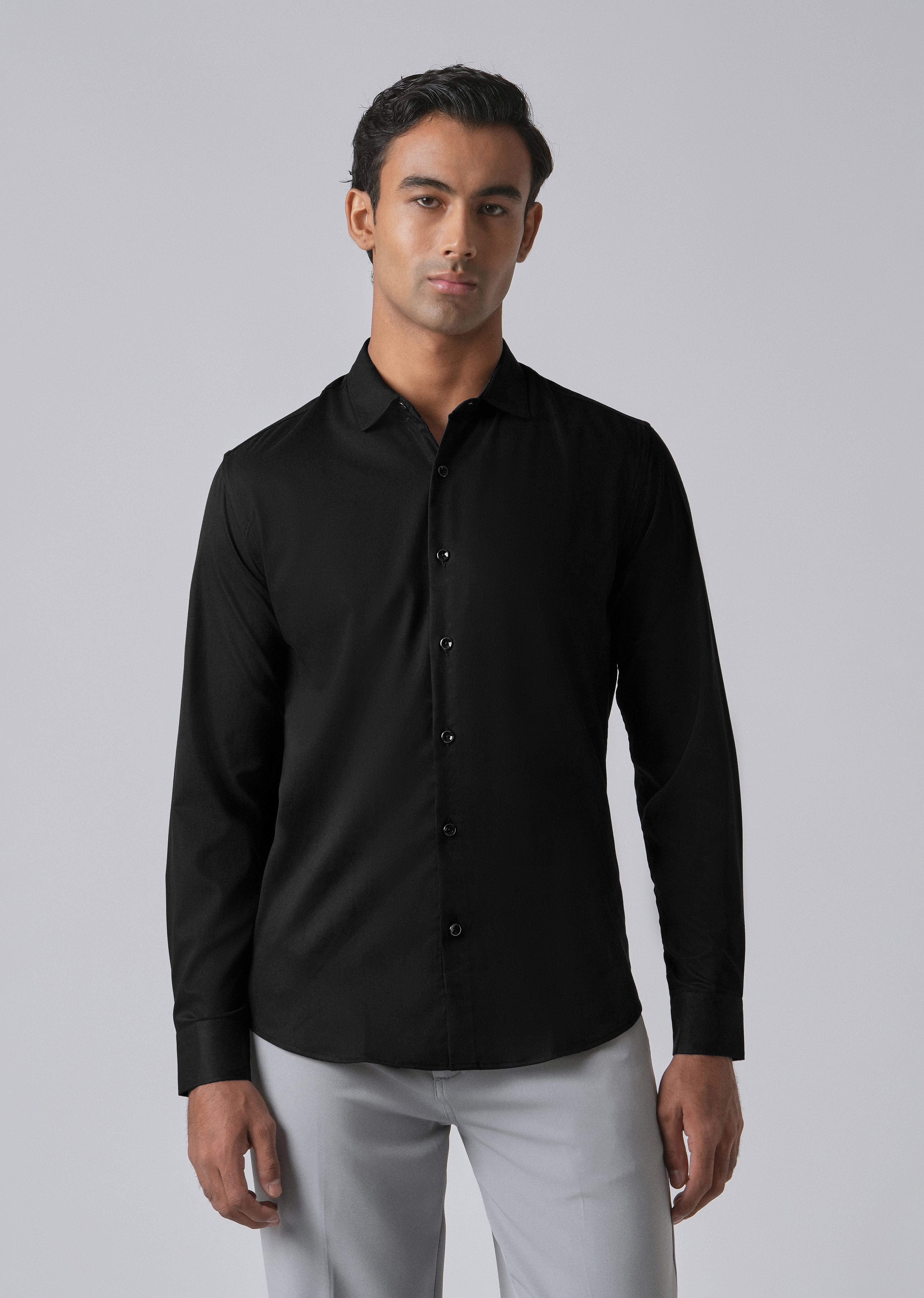 Black Cotton Stretch Plain Shirt