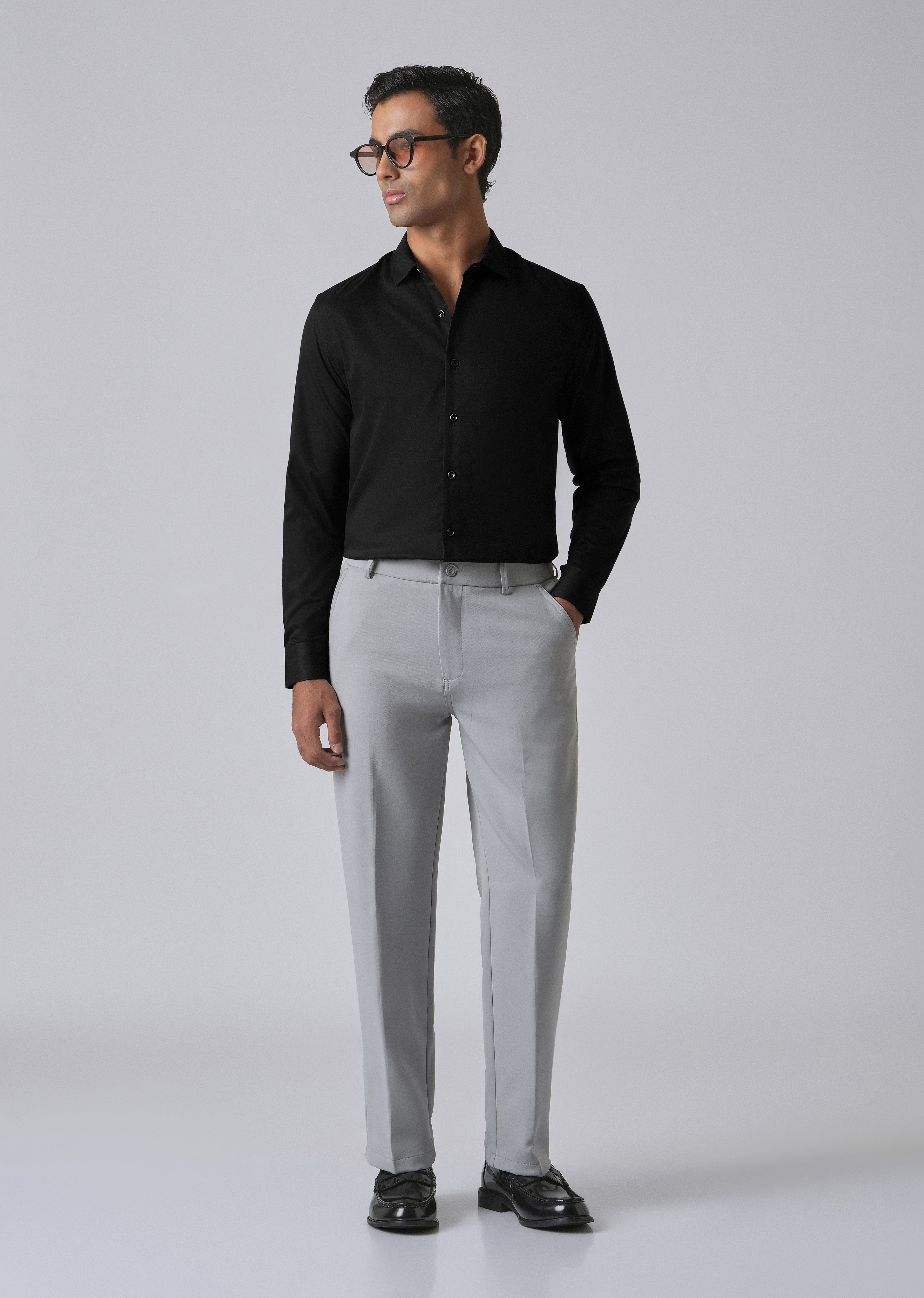 Black Cotton Stretch Plain Shirt