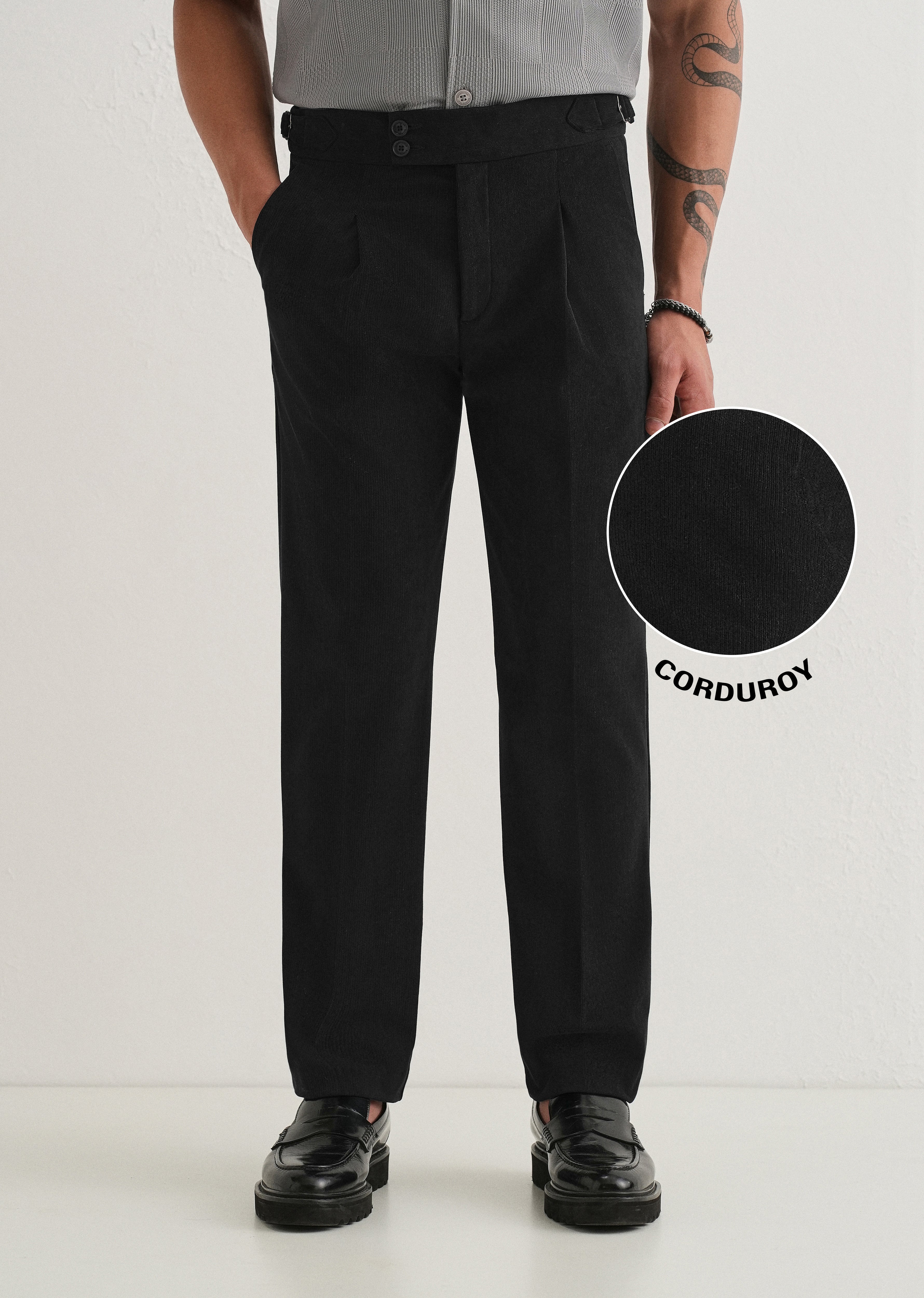Black Pleated Corduroy Gurkha Pant