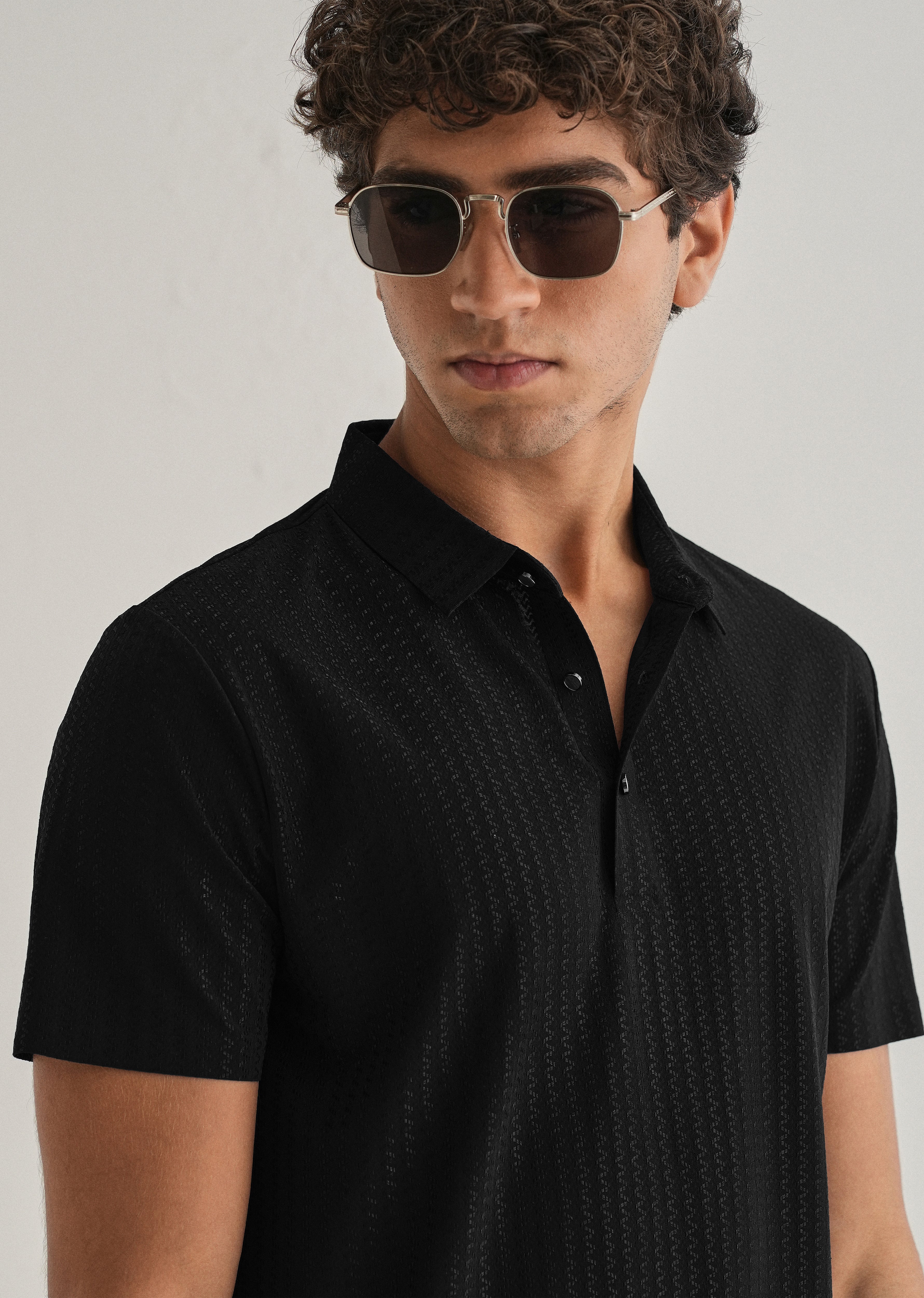 Black Polo Collar Printed Seamless T-shirt