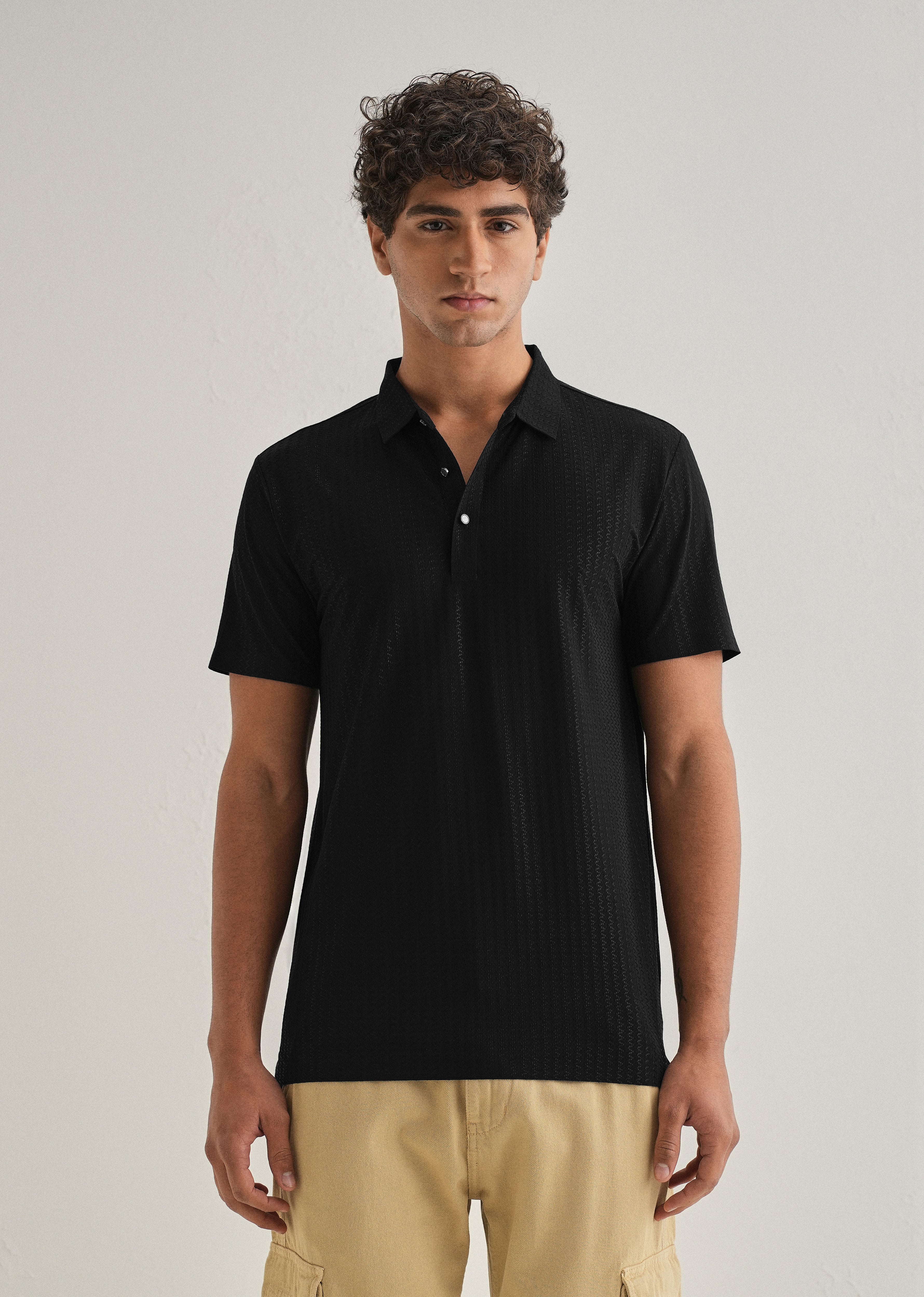 Black Polo Collar Printed Seamless T-shirt