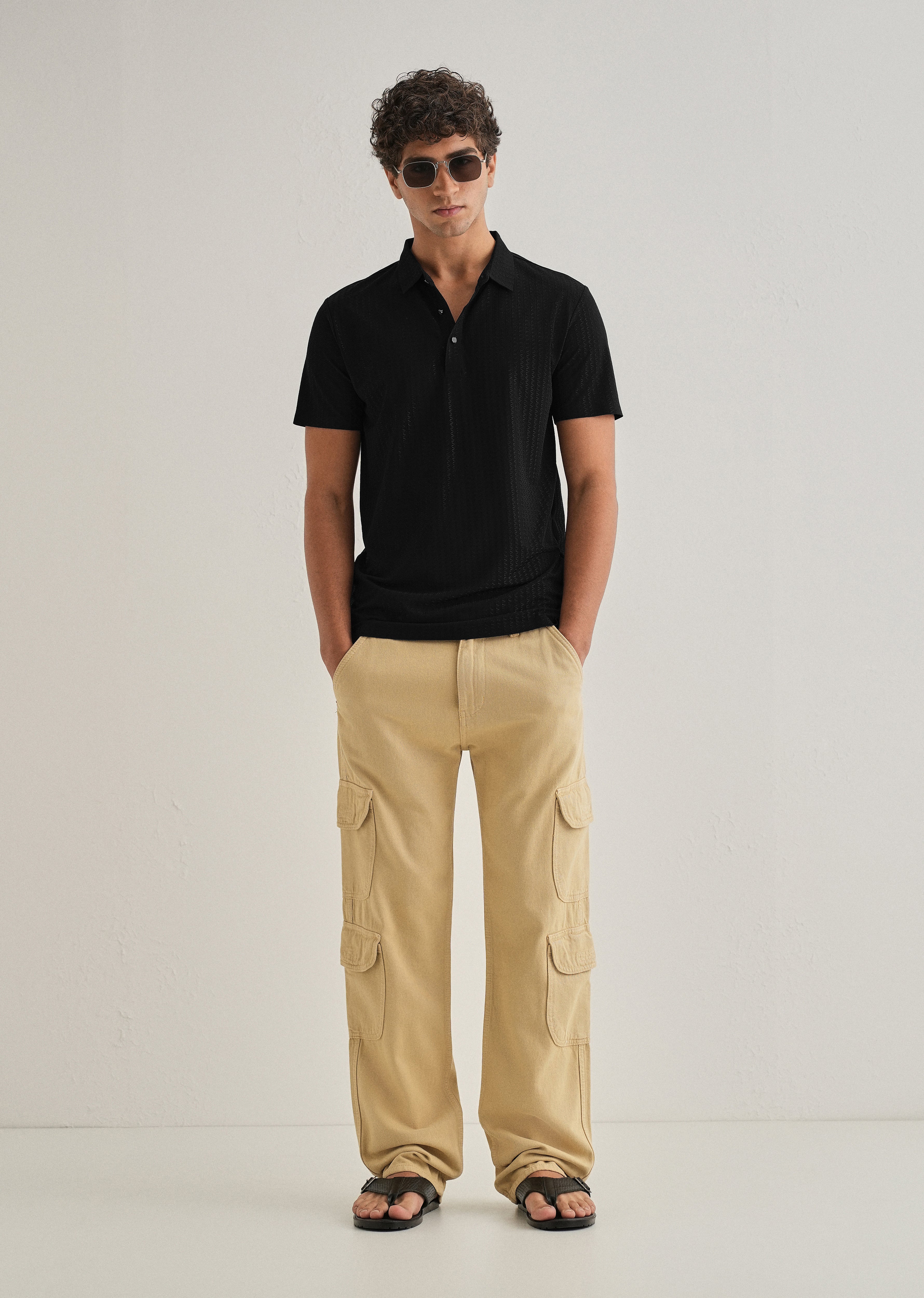 Black Polo Collar Printed Seamless T-shirt