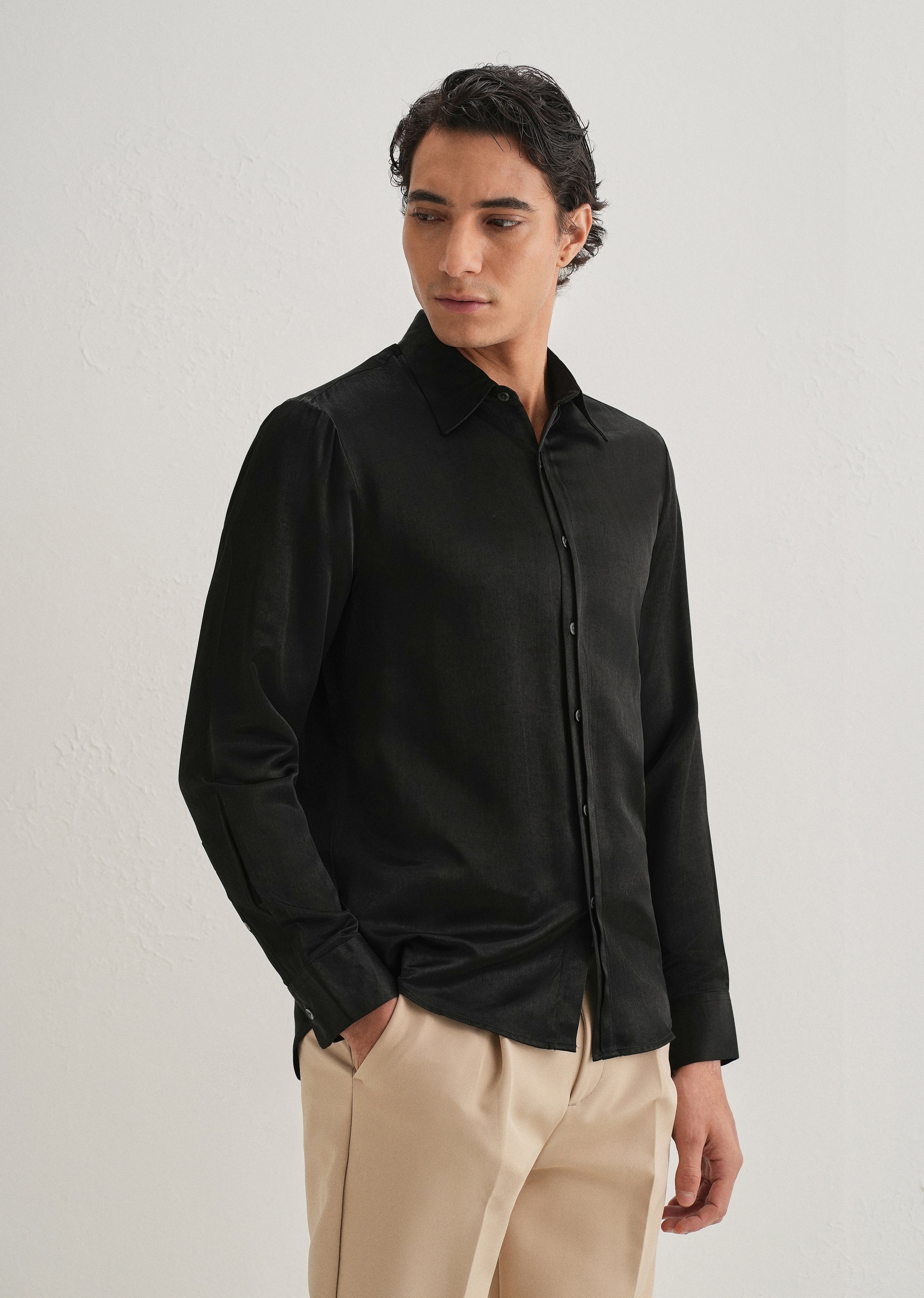 Black Premium Leather-Look Satin Finish Shirt