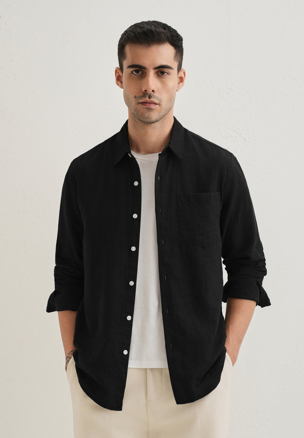 Black Pure Cotton Stitchless Placket Shirt