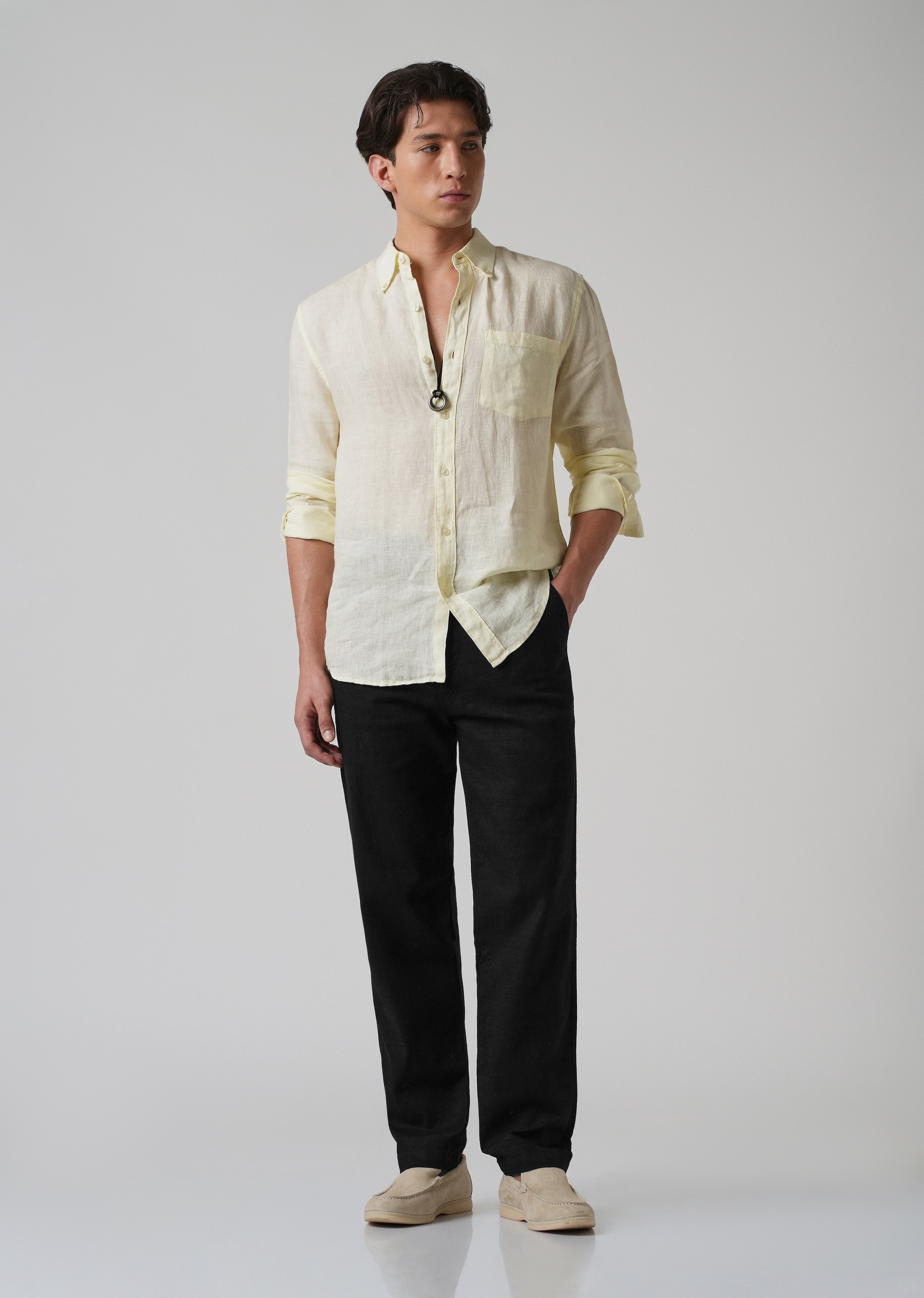 Black Linen-Look Cotton Trousers