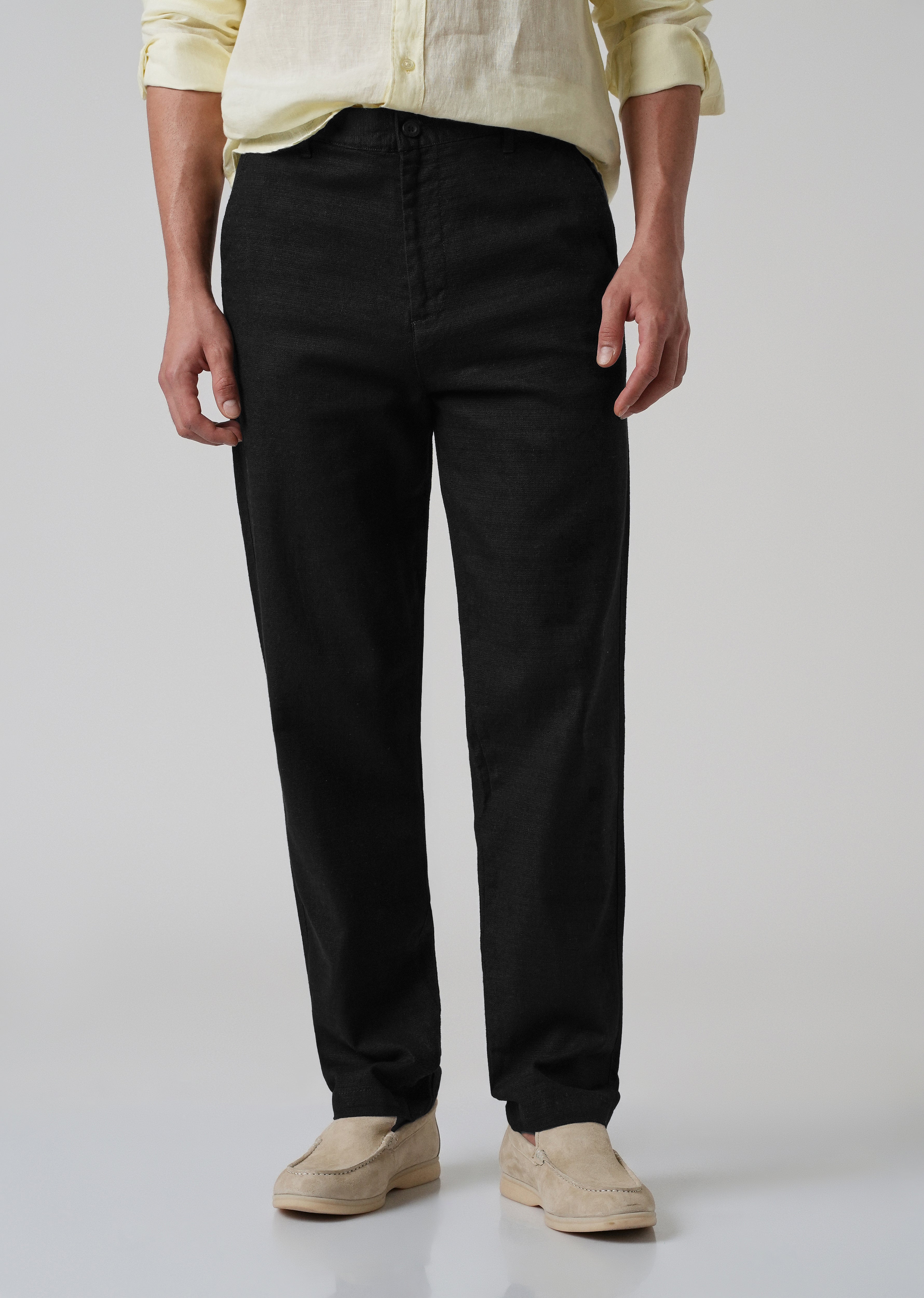 Black Linen-Look Cotton Trousers
