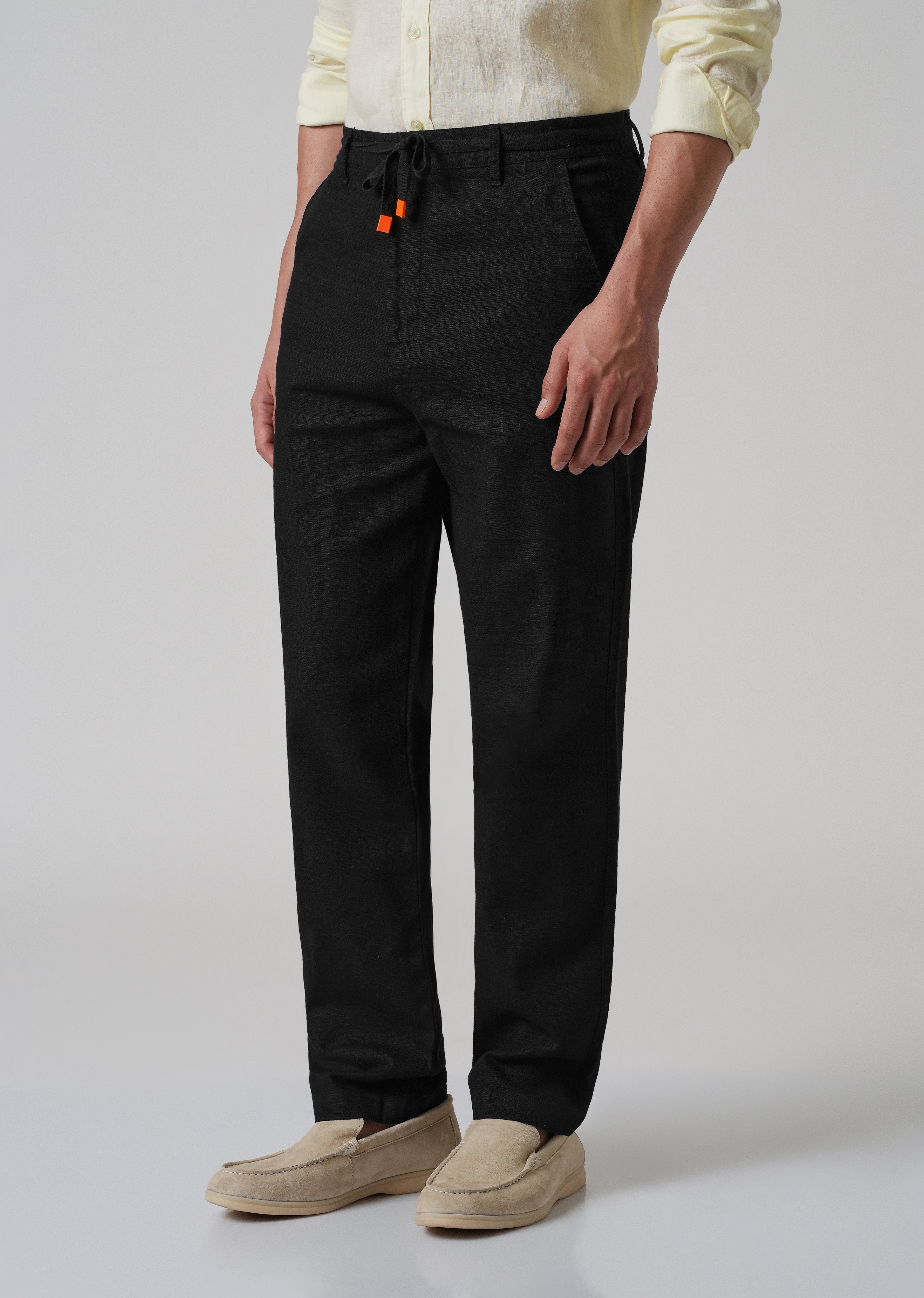 Black Linen-Look Cotton Trousers
