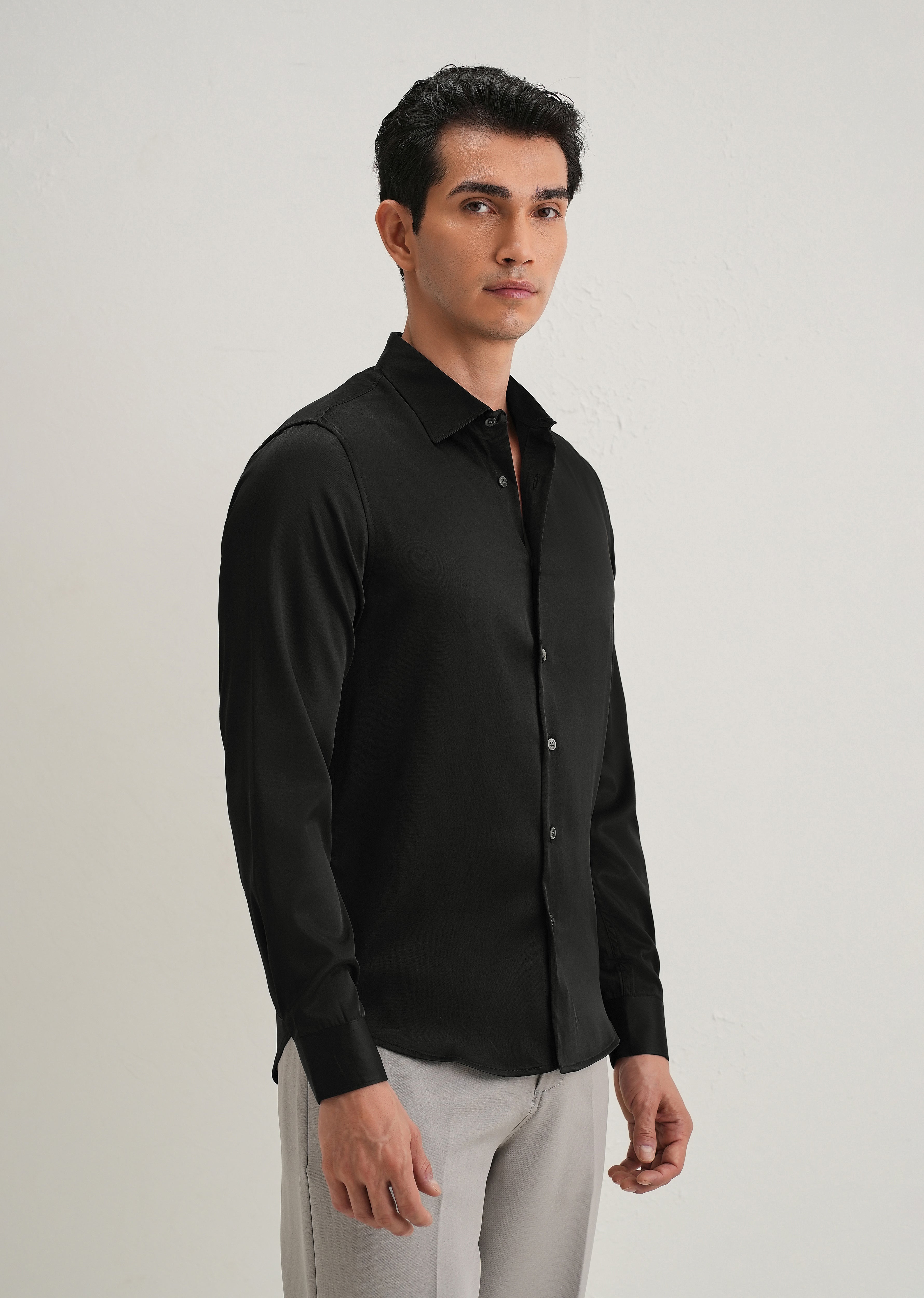 Black Premium Satin-Finish Plain Shirt