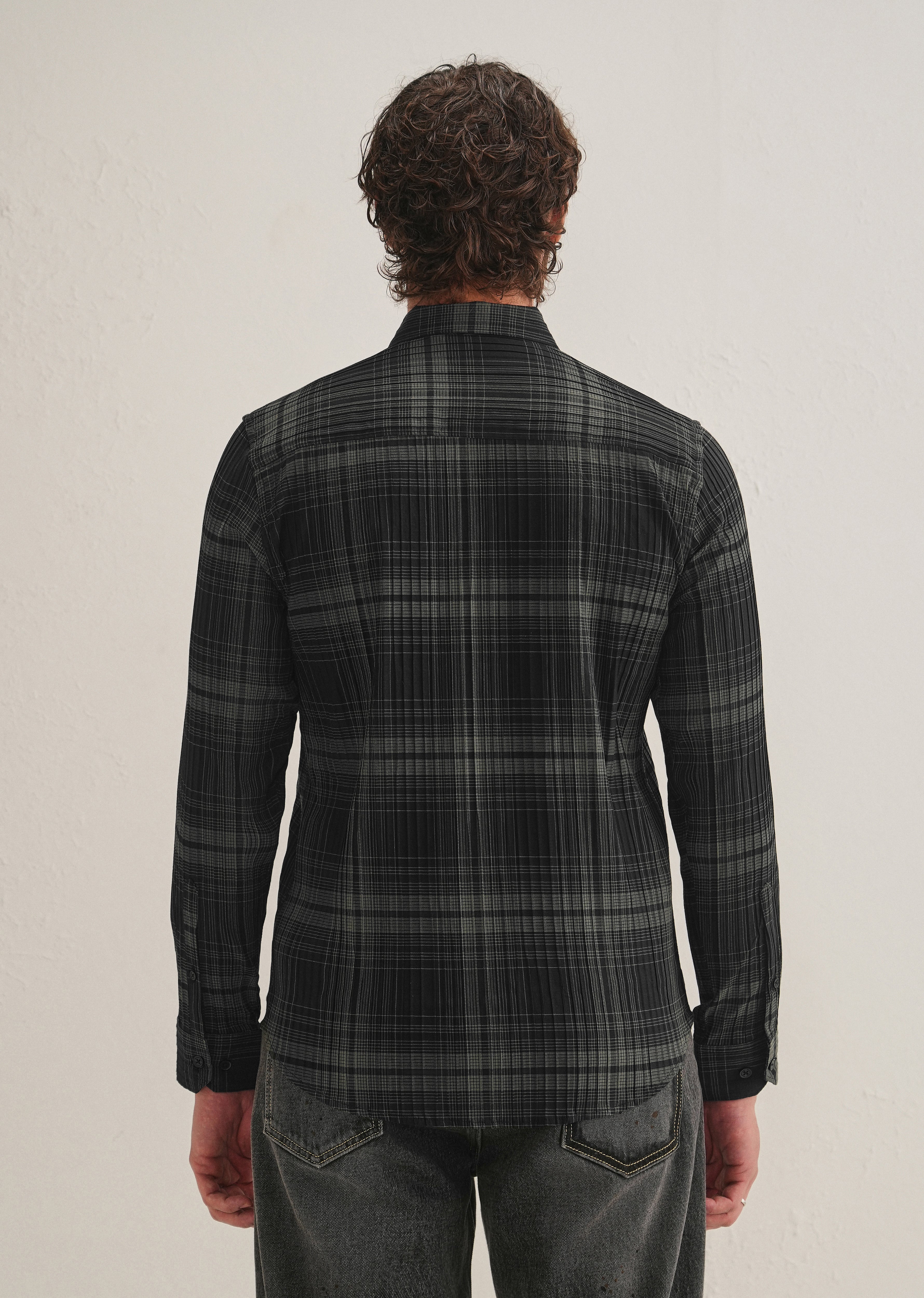 Black Self-Pleated Check Shirt