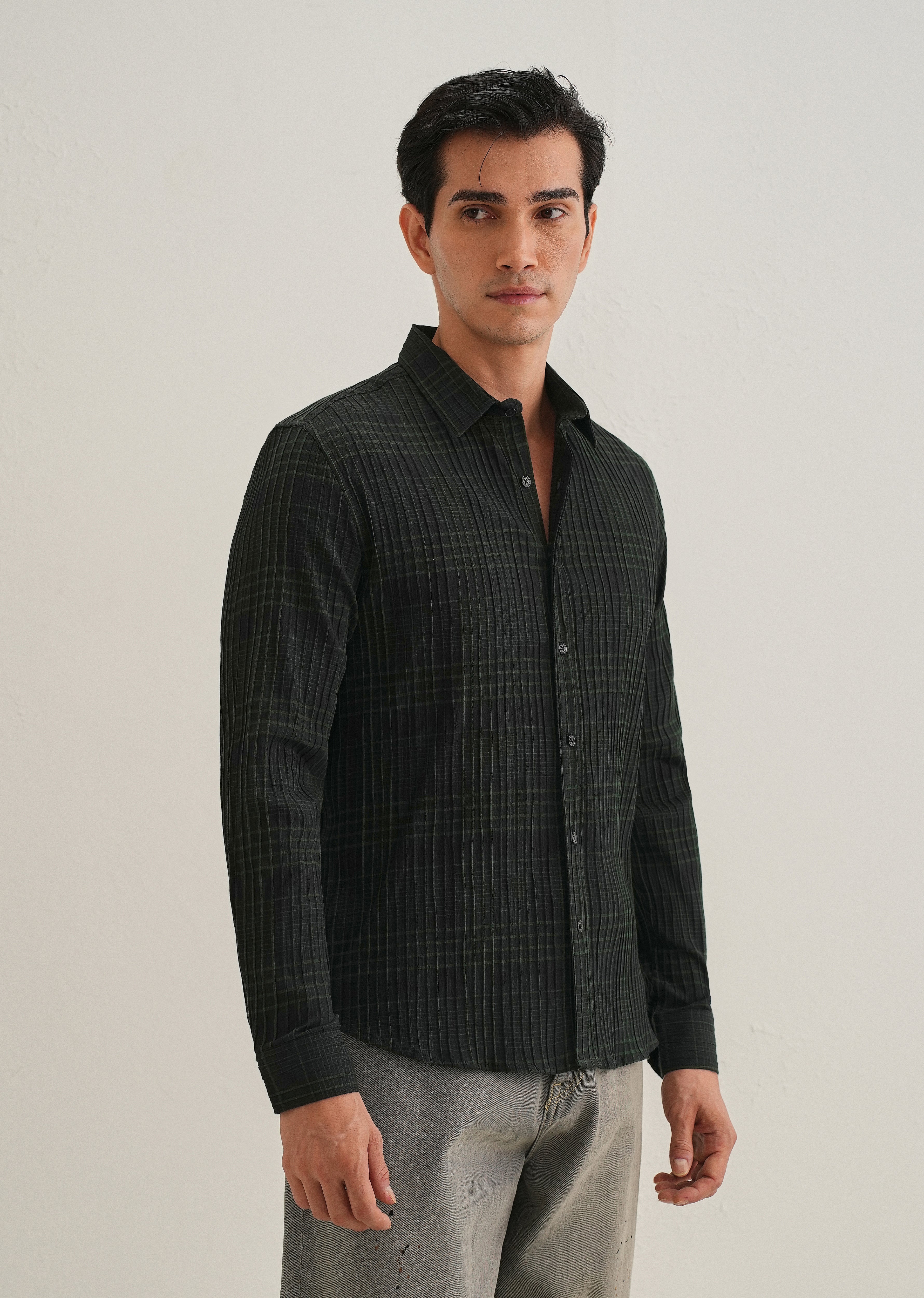 Deep Black Self-Pleated Check Shirt