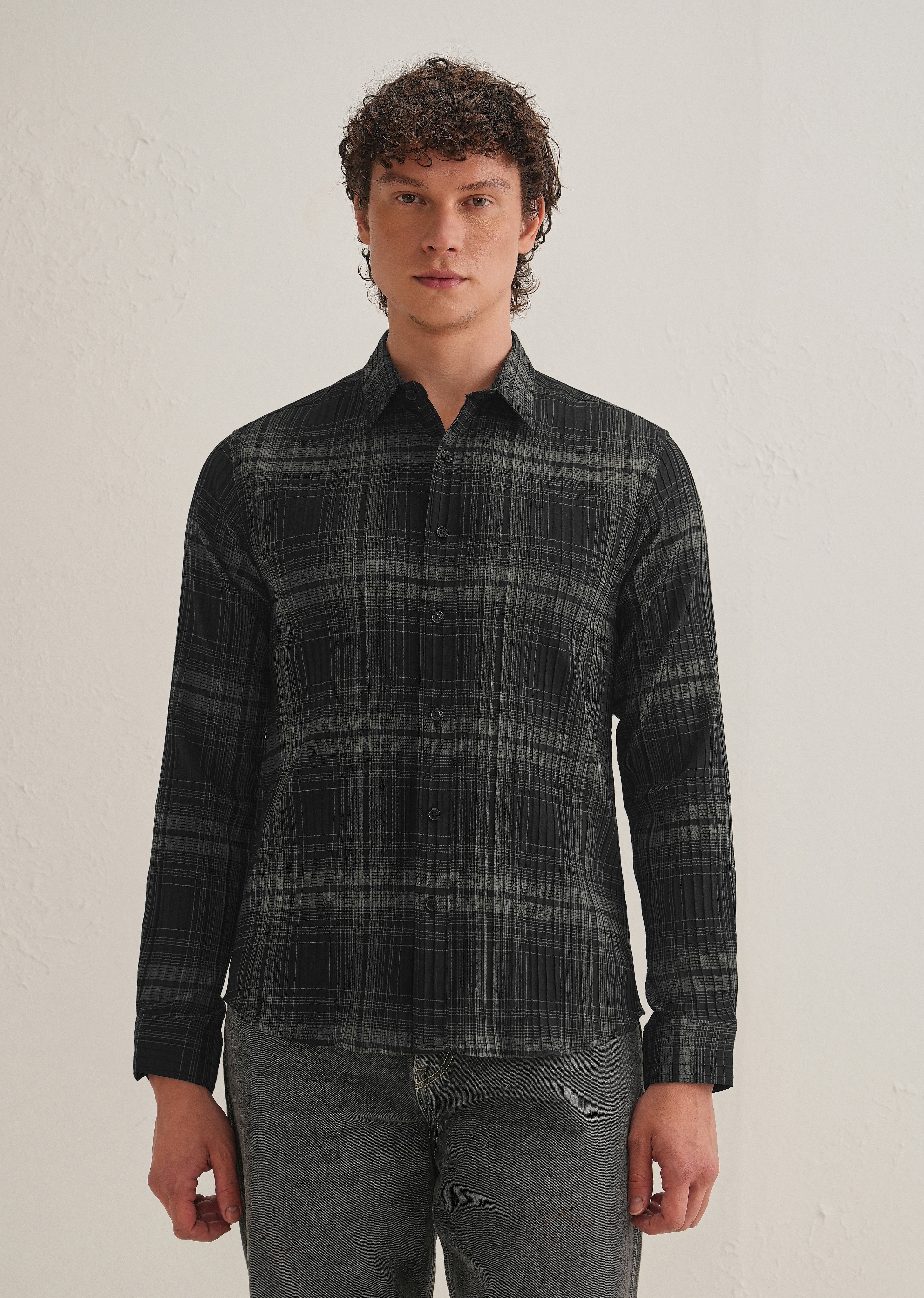 Black Self-Pleated Check Shirt