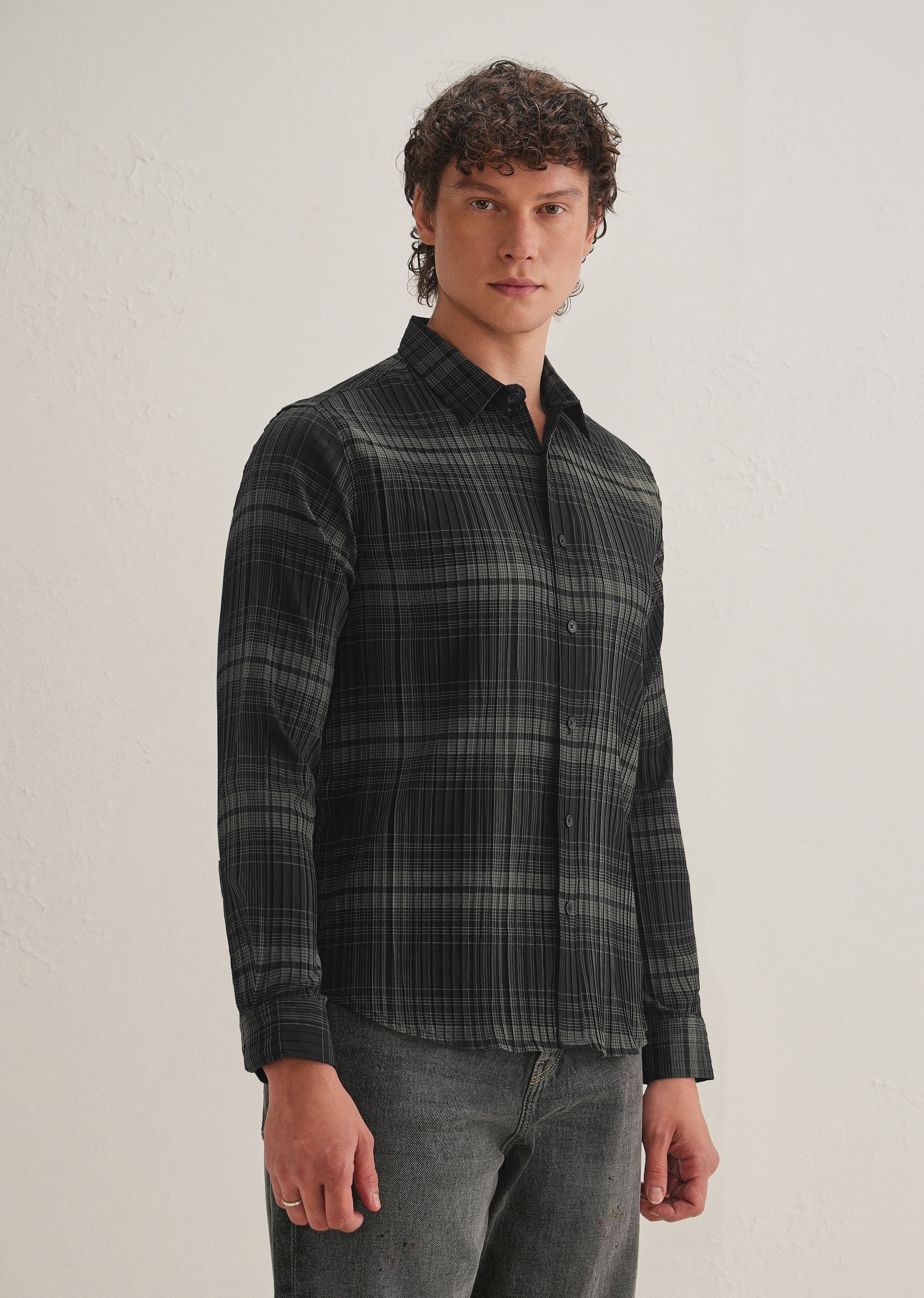 Black Self-Pleated Check Shirt