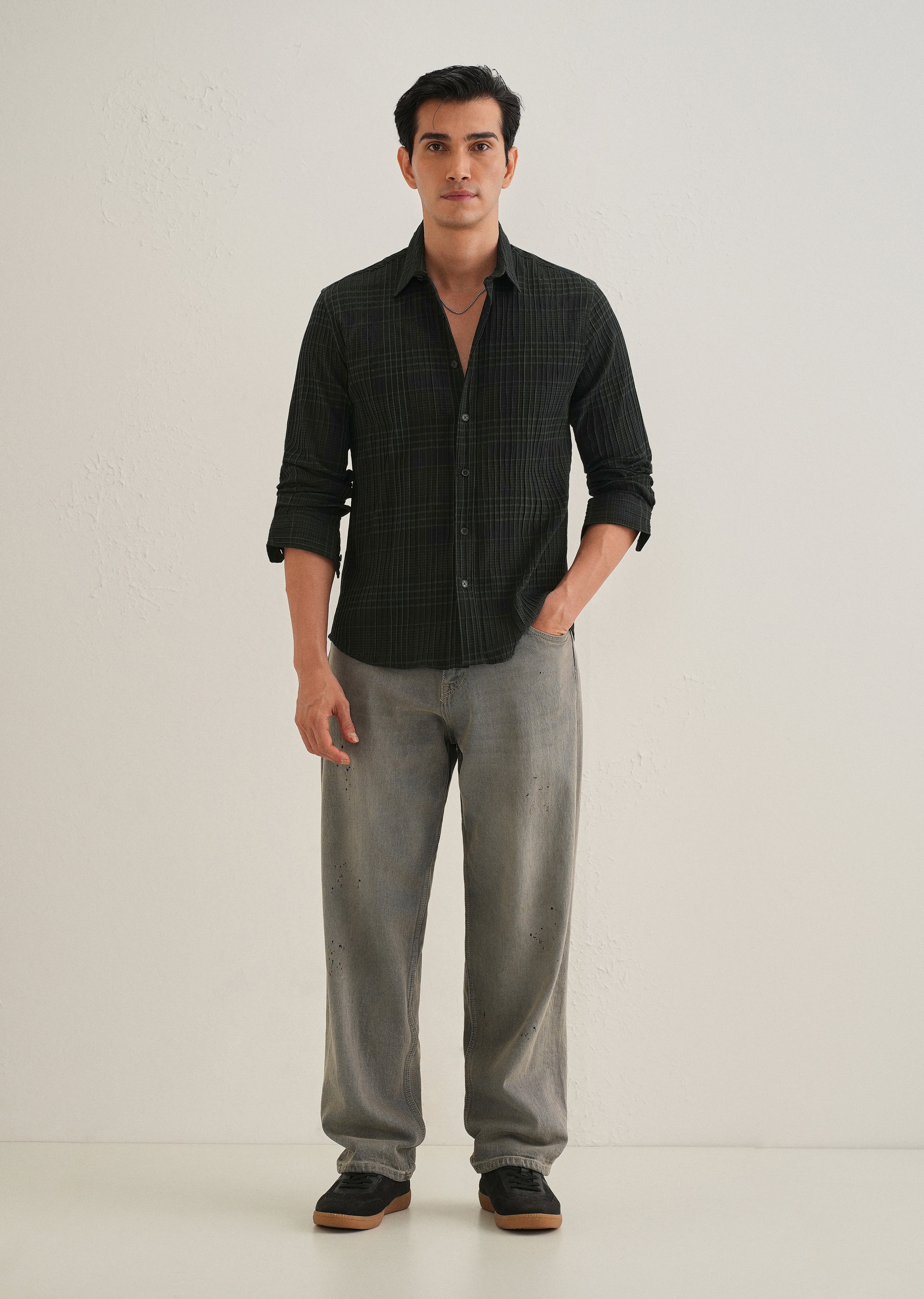 Deep Black Self-Pleated Check Shirt