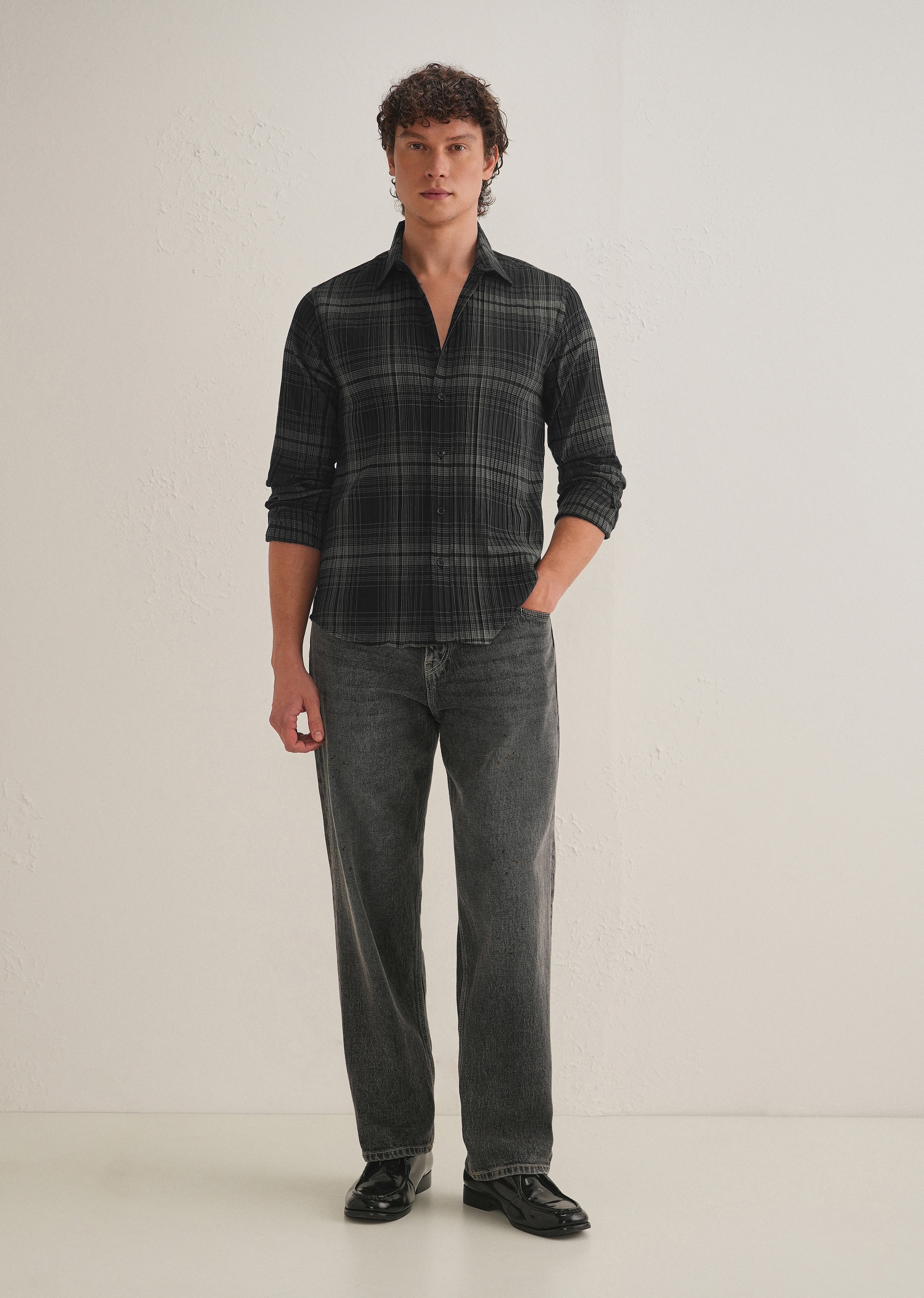 Black Self-Pleated Check Shirt