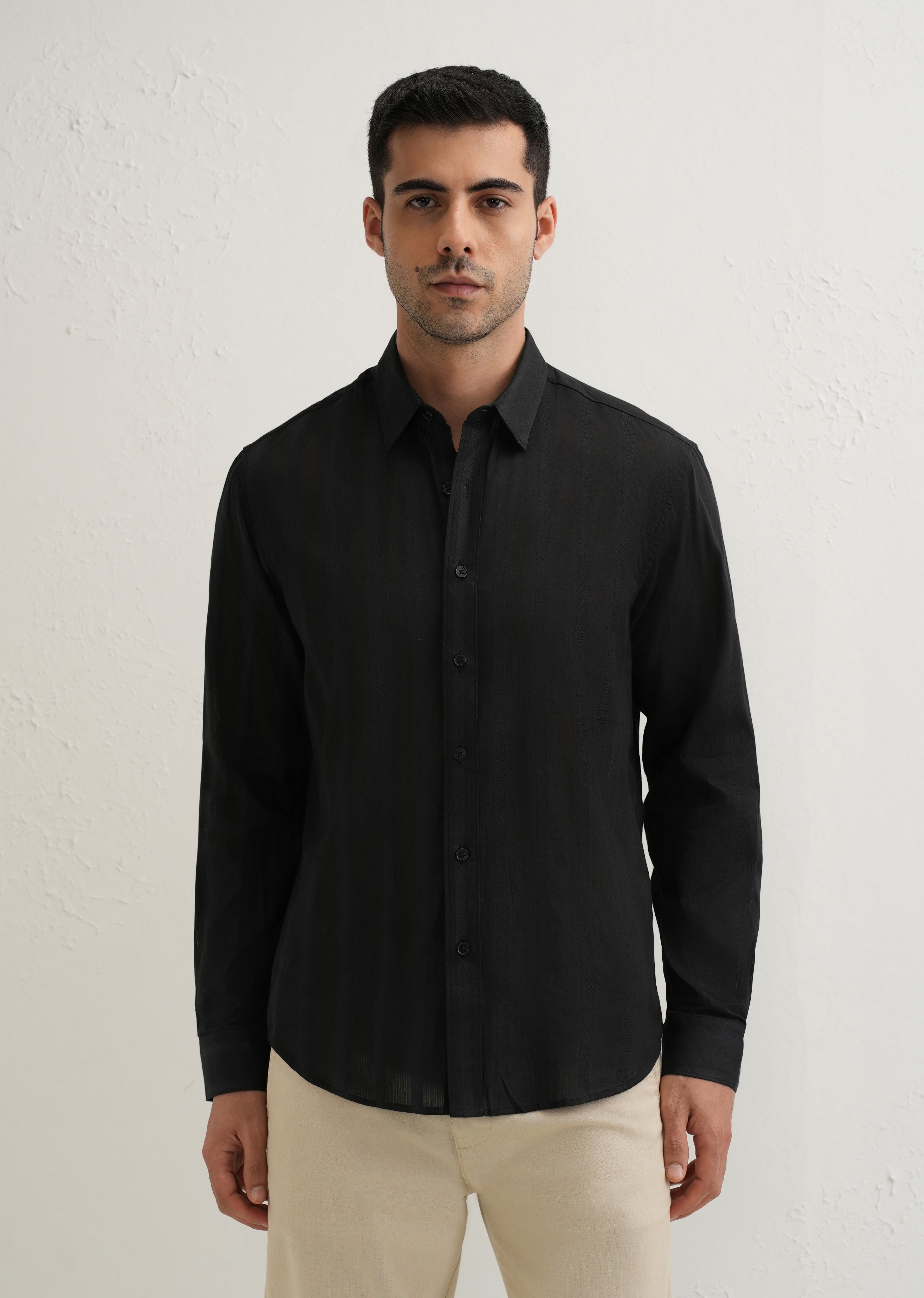 Black Self Pattern Blended Cotton Shirt