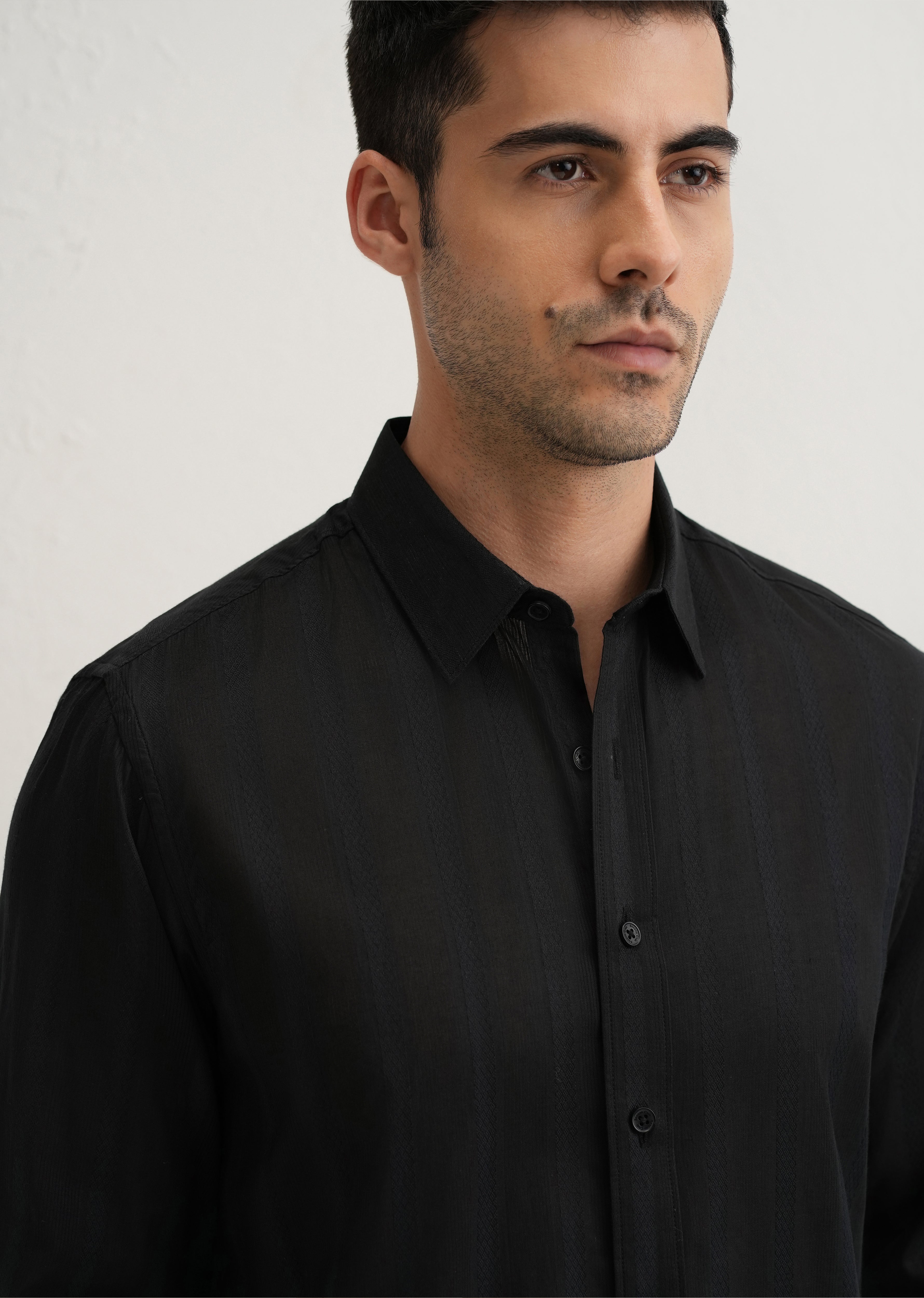 Black Self Pattern Blended Cotton Shirt