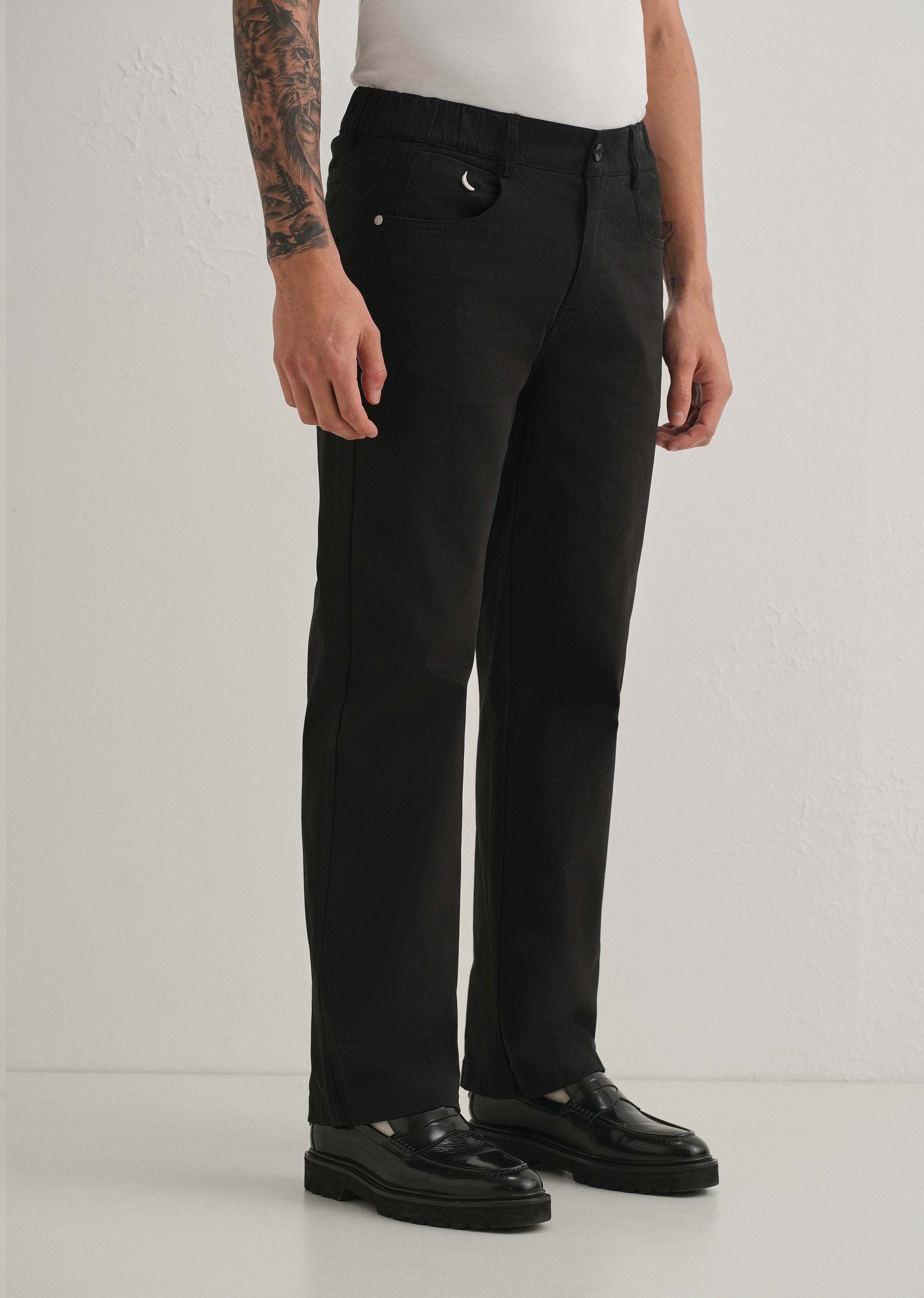 Black Semi-Elasticated Cotton Trouser