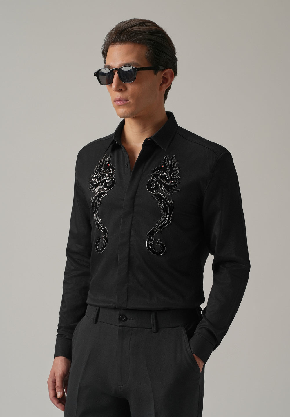 Black Serpentine Dragon Handwork Designer Shirt