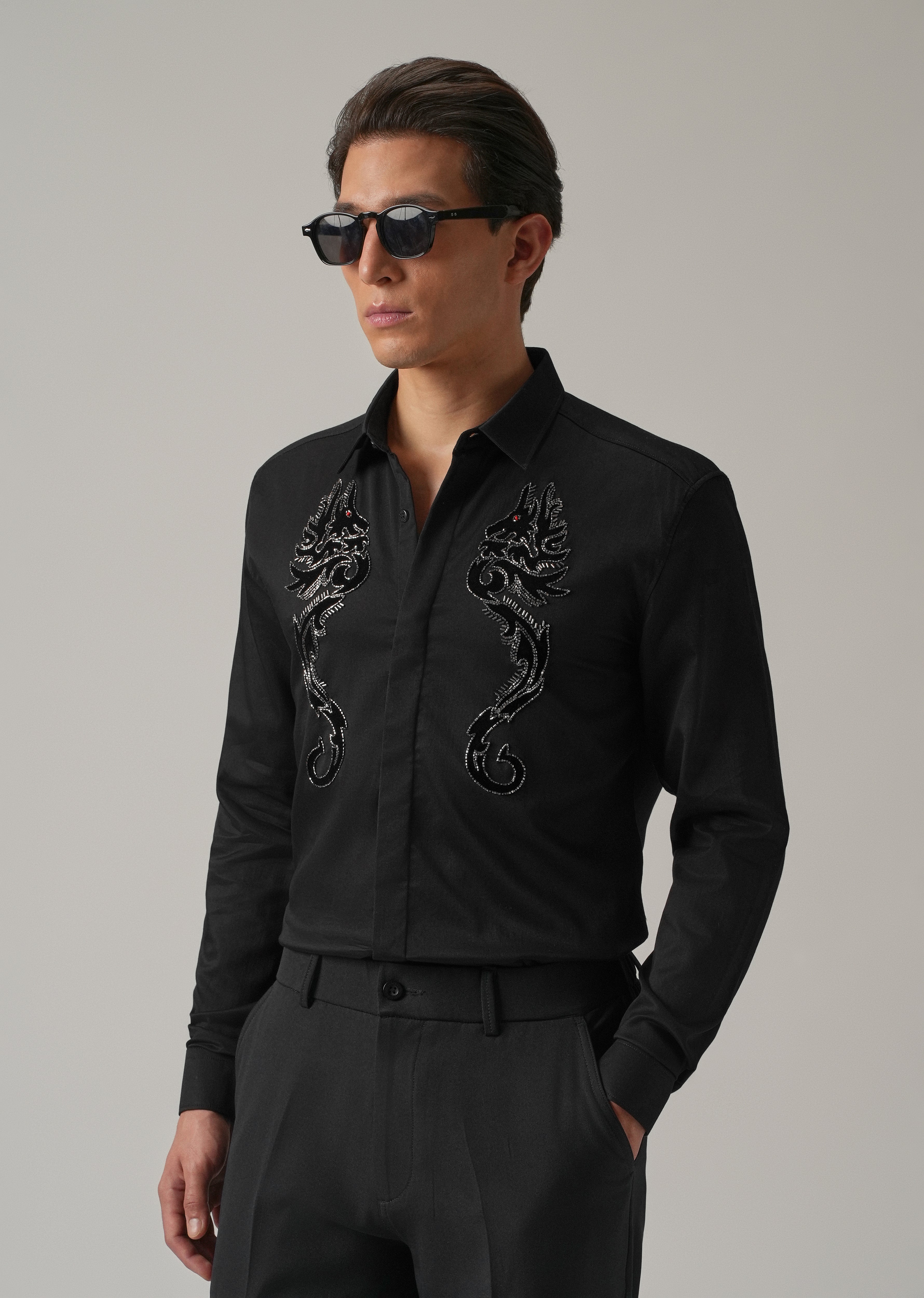 Black Serpentine Dragon Handwork Designer Shirt