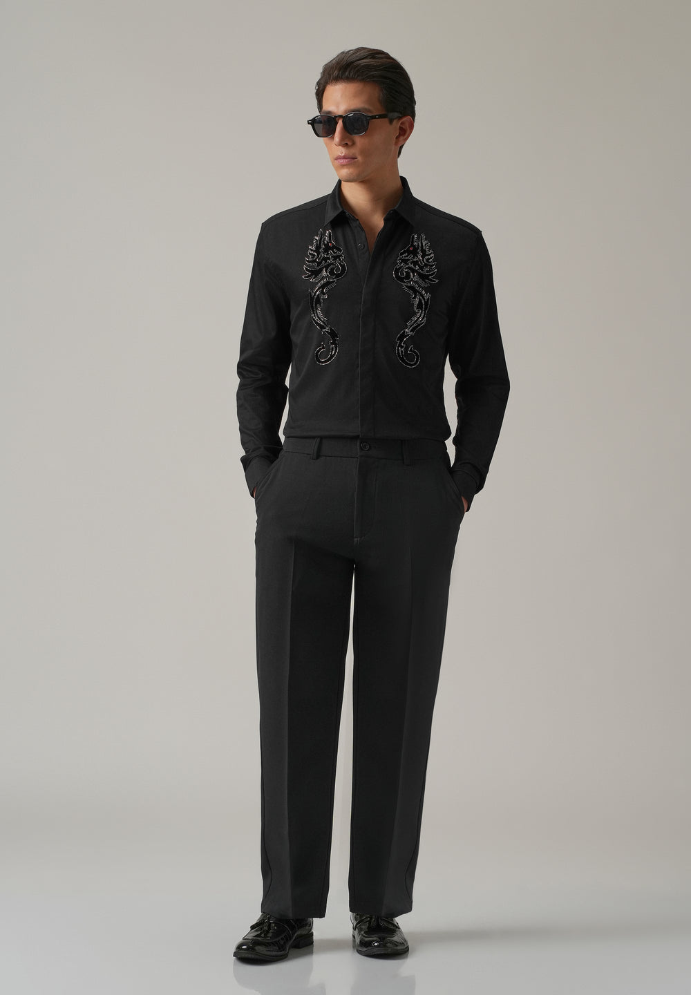 Black Serpentine Dragon Handwork Designer Shirt