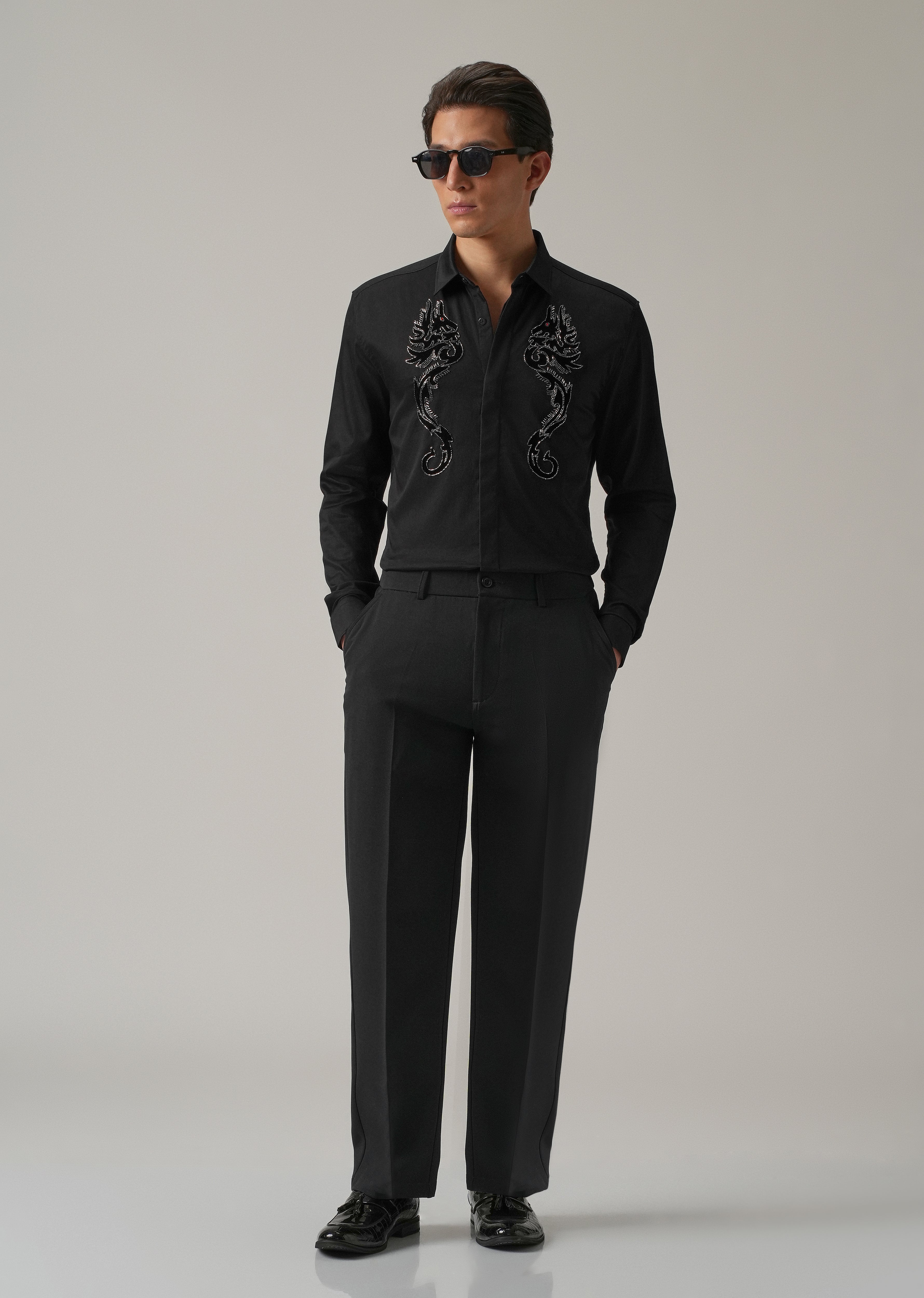 Black Serpentine Dragon Handwork Designer Shirt